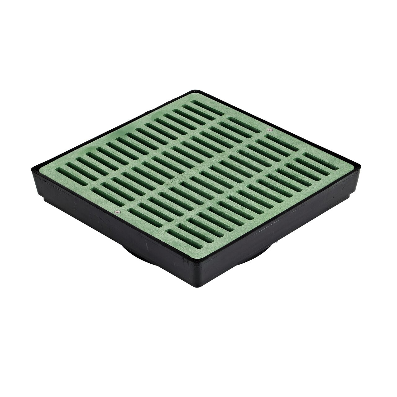 12 in. Square Low-Profile Adapter, Fits 3 in. to 8 in. Drain Pipes with Outlet Adapter (sold separately) (NDS 1230) with a 12 in. Square Catch Basin Drain Grate, Green Plastic (NDS 1212) installed