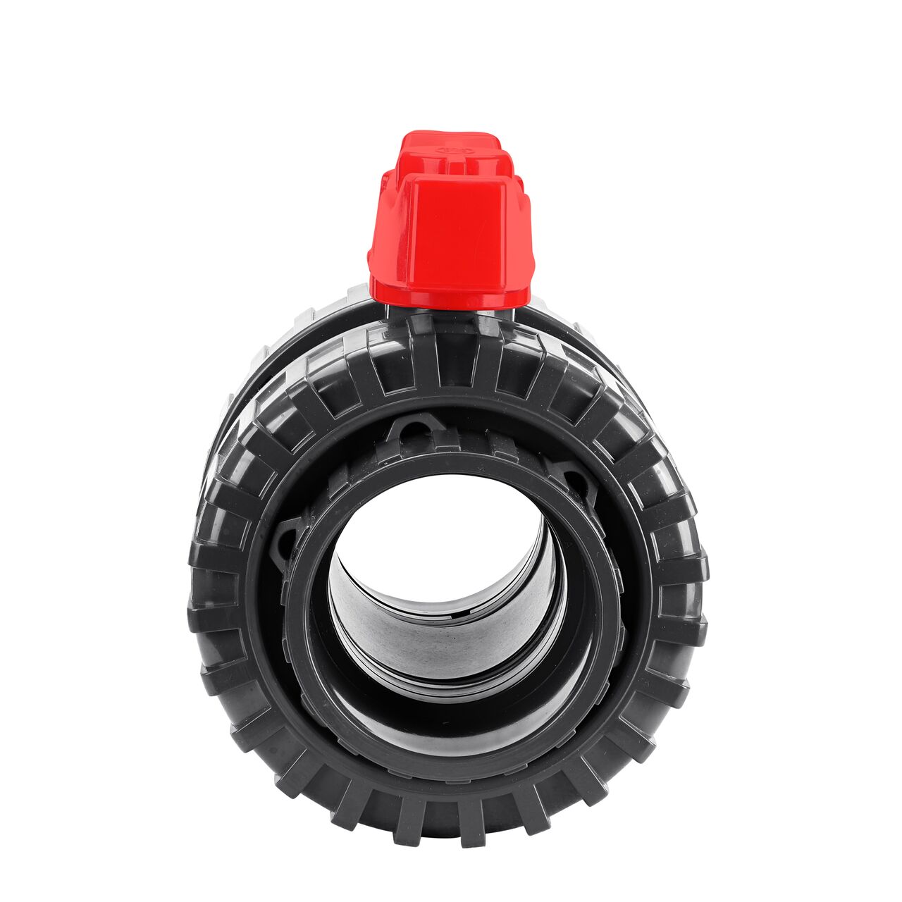 The NDS 3 in. PVC Slip True Union Ball Valve (NDS BTU-3000-SE) shown with the connection end attached and with the handle in the open position to allow water to convey through the pipe.