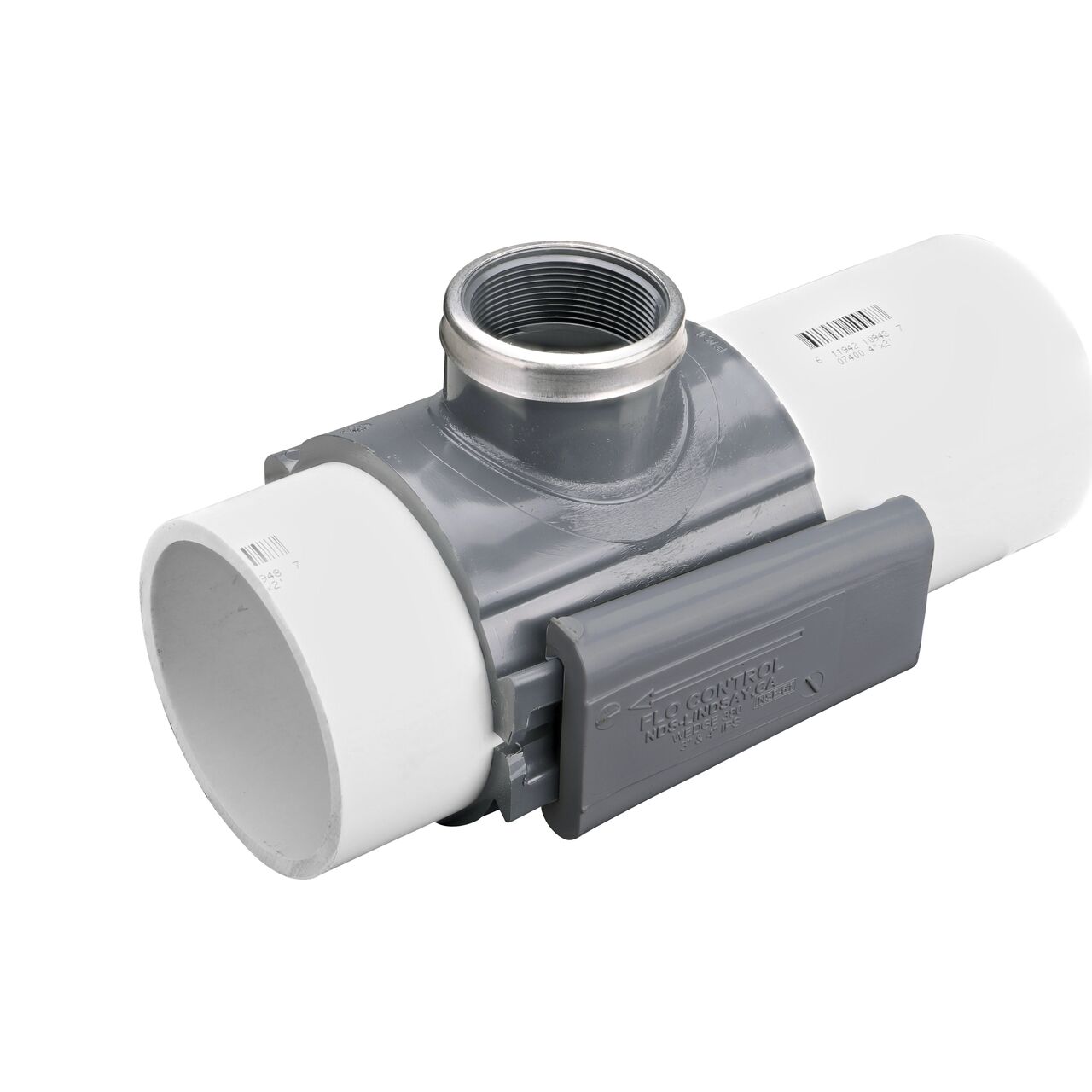 The NDS Clamp-It™ Rigid PVC Saddle with 2 in. FPT connection on top (NDS 444020) installed onto 4 in. PVC pipe with the wedge closure fully secure