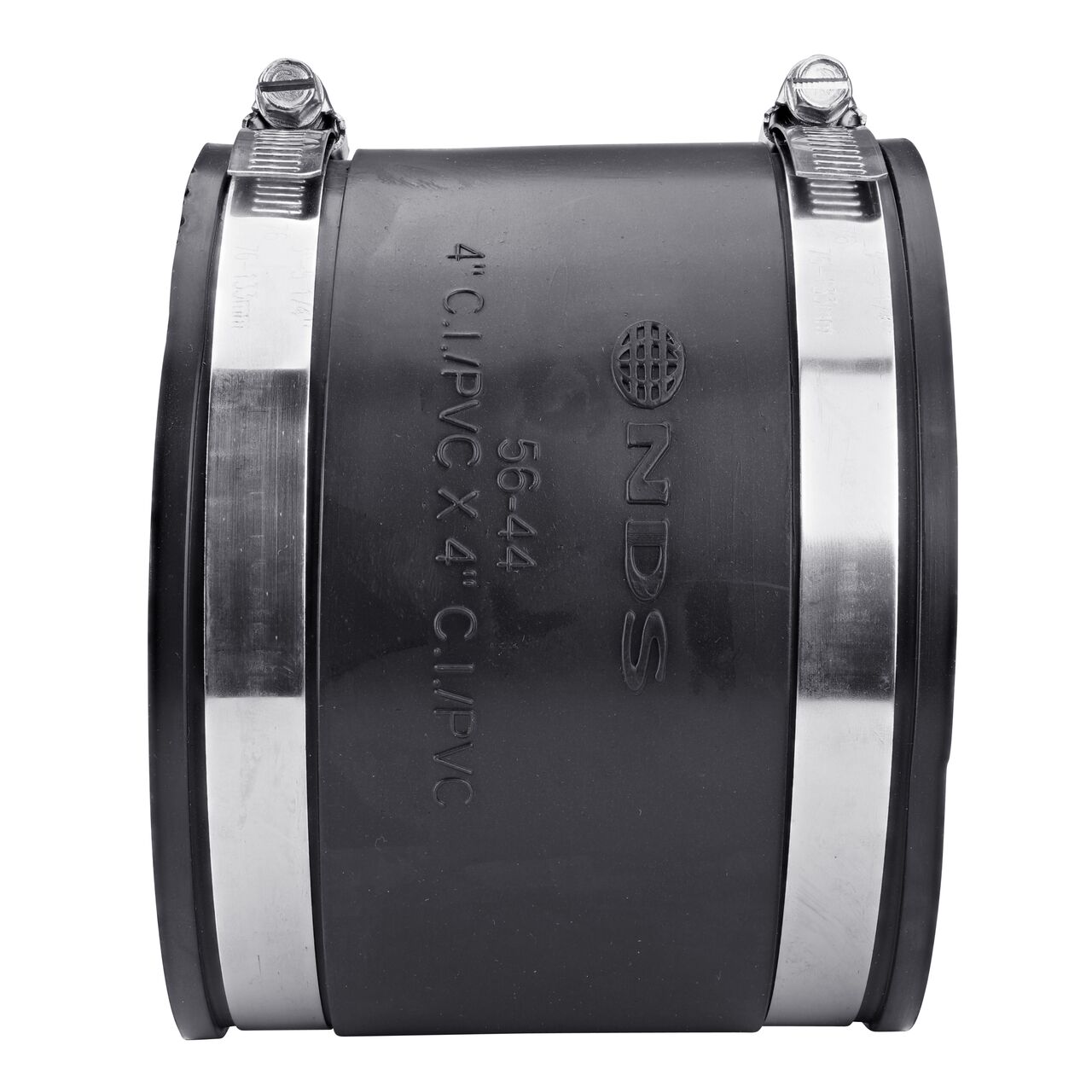The NDS 4 in. flex coupling for cast iron/sewer and drain or DWV/copper/steel/lead pipes, in horizontal position, is made with material that flexes with normal earth movement (NDS 56-44)