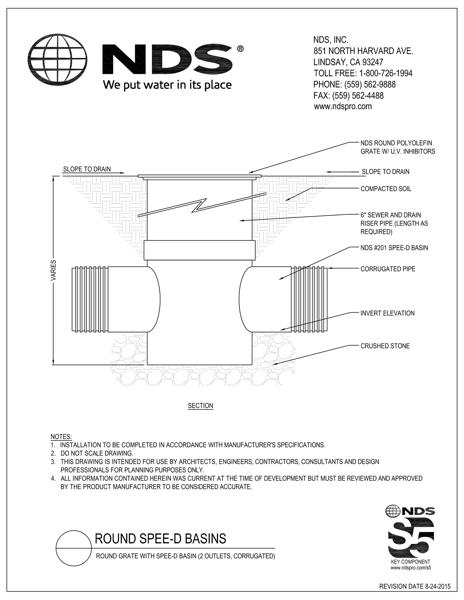 NDS 6 in. Round Drainage Grates with Spee-D® Catch Basins Two Outlet Corrugated Pipe Installation Detail