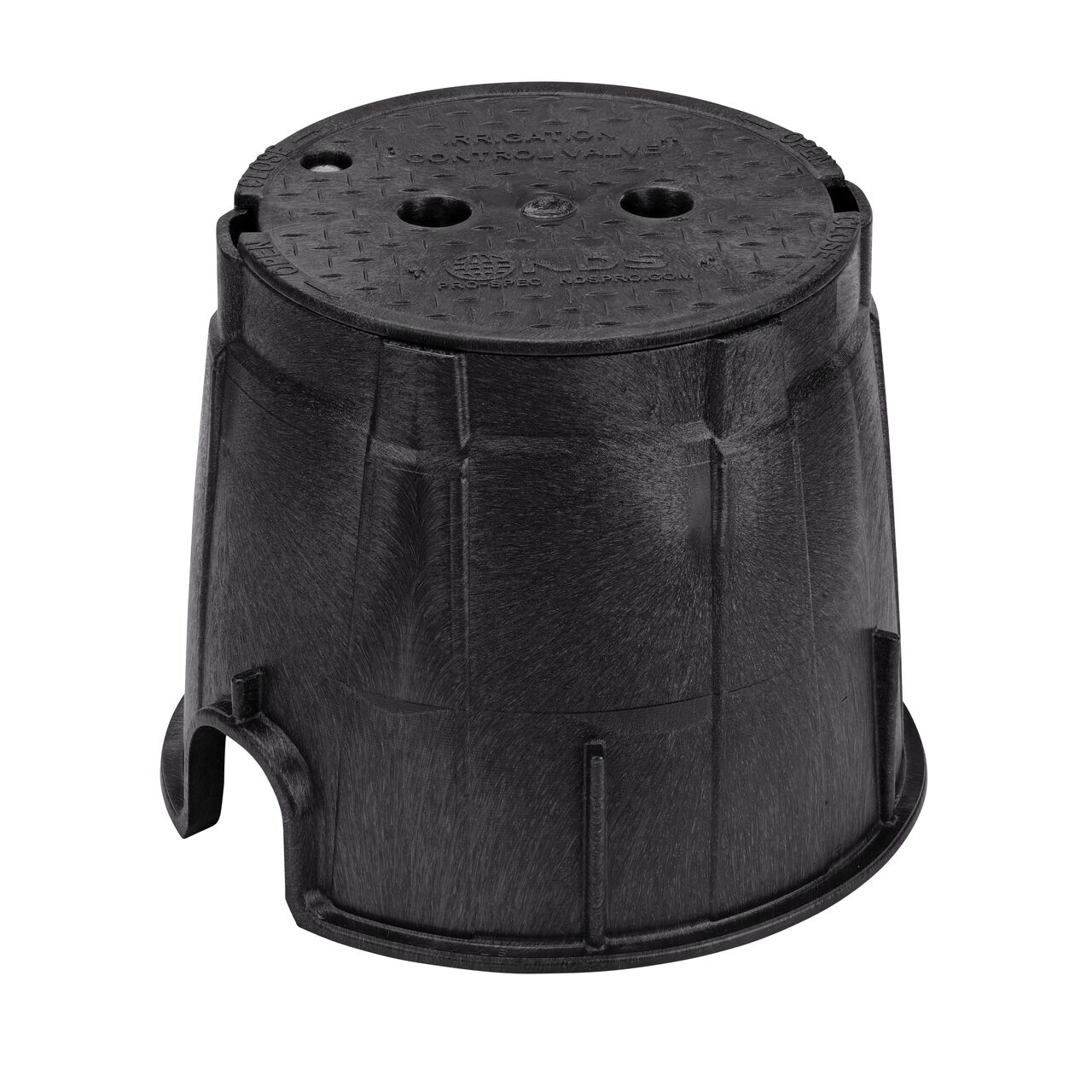 The NDS 10 in. Round Pro-Spec® Series Valve Box and Cover with Bolt is a 10 in. high Black Box and Black Cover with Irrigation Control Valve markings on the lid (NDS 311BCBBLK); protect underground irrigation and sprinkler system components and keep them out of sight
