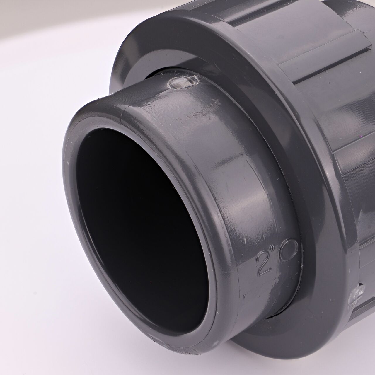Closeup view of the slip end on the NDS 2 in. PVC Union (NDS U-2000-SM) used to connect pipes and provide a quick way to separate pipes when needed