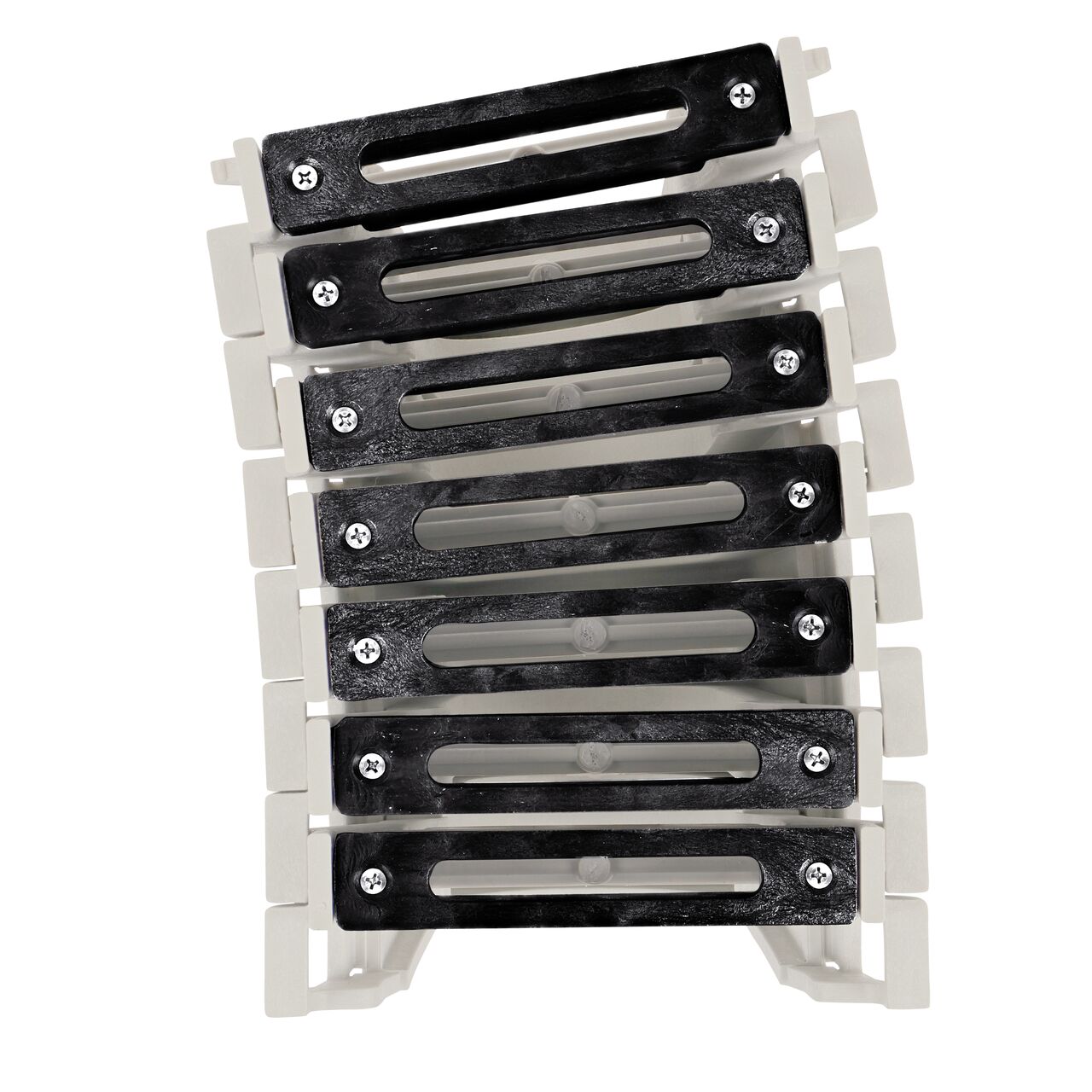 Top down view of 3 degree bend in Seven Slotted Black Plastic Dura Slope™ Channel Drain EZ-Track™ Radius Coupling Grates (NDS DS-663MG) installed on seven Dura Slope EZ-Track Radius Couplings (NDS DSRC)