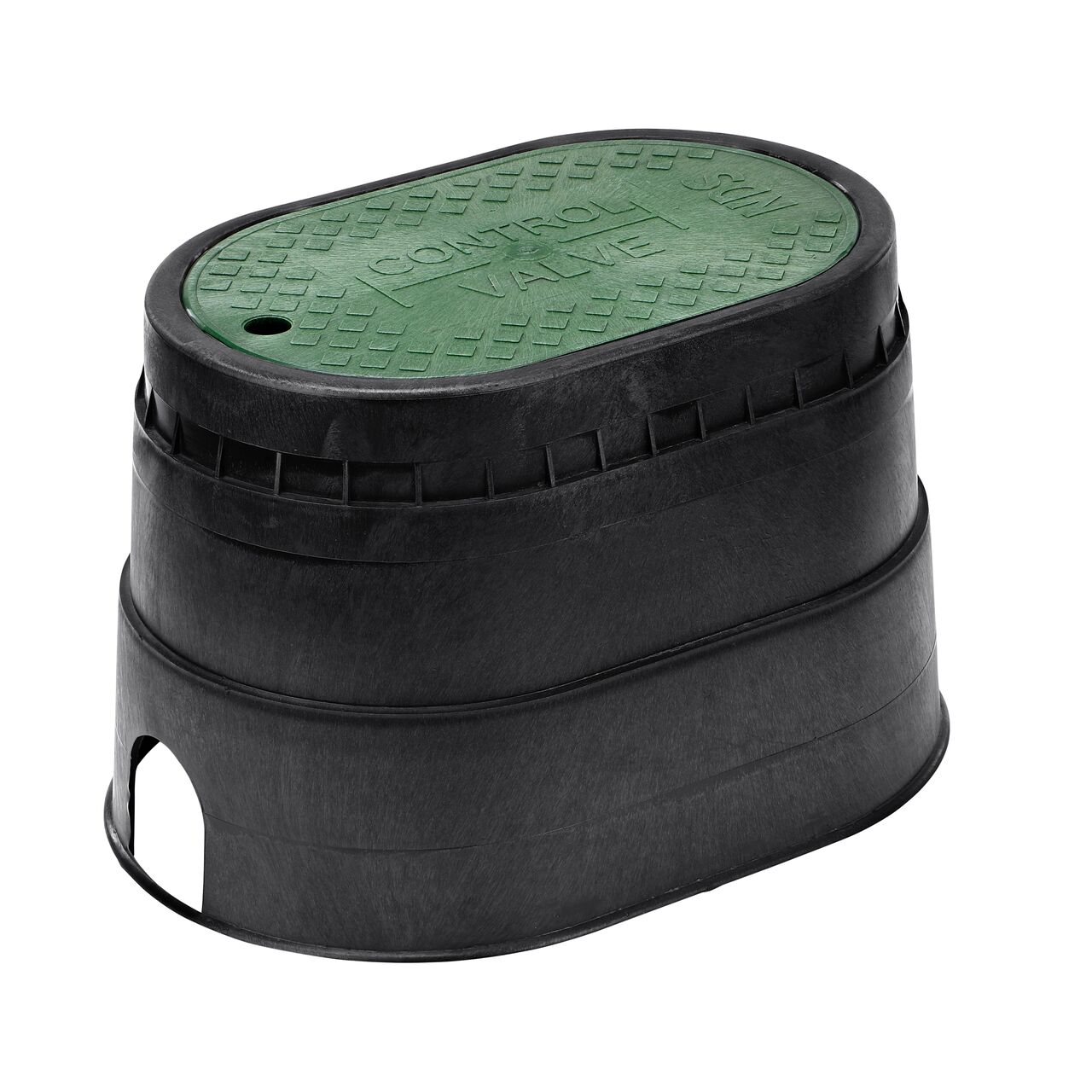 The NDS 8 in. X 14 in. Oval Standard Series Valve Box and Cover is a 11/1-4 in. high Black Box and Green Cover with Control Valve markings on the Drop-in lid (NDS M4-SG) and protects underground irrigation and sprinkler system components and keeps them out of sight