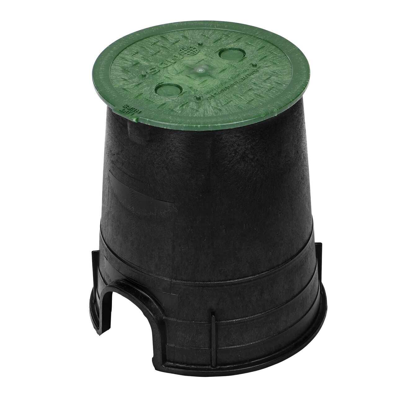 Alternate view of the 6 in. Round SureFit Universal Valve Box Lid (NDS 6RND-UC) installed on the NDS Standard Series 6 in. Valve Box (NDS 107B) with the lift tab in front to show how to easily lift the lid from the box