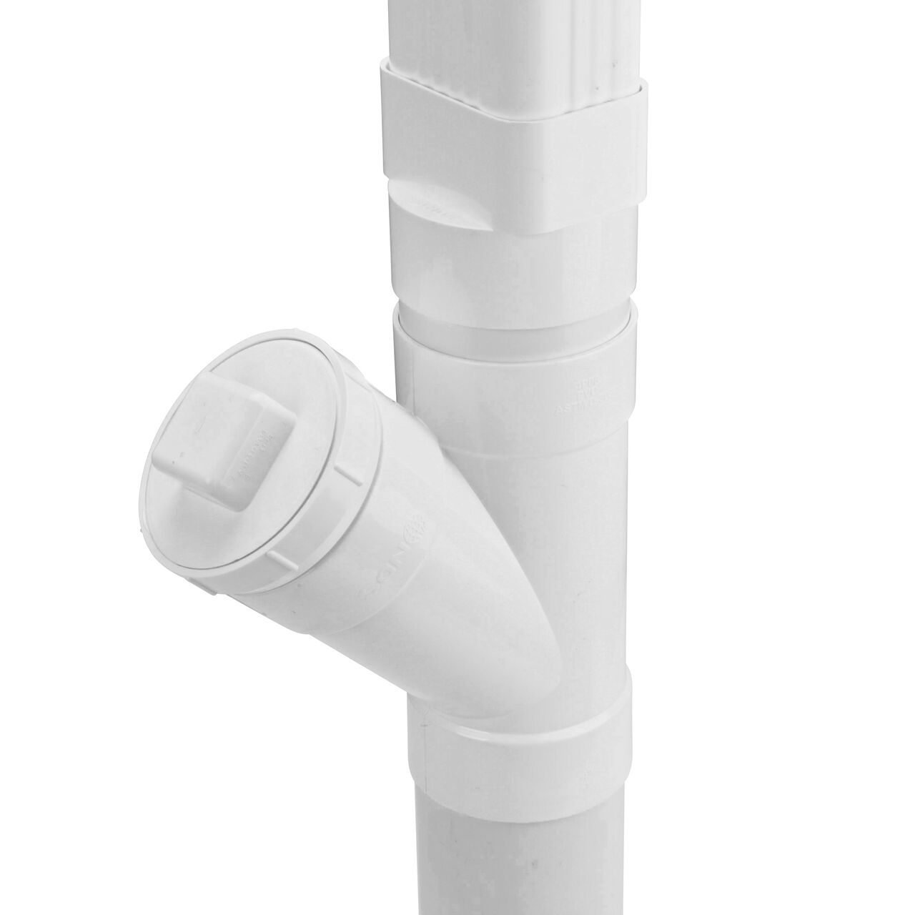 Assembled downspout assembly with the NDS 3X4 in. Downspout to 4 in. S&D Hub (NDS 9P06, 906G*) downspout adapter installed with a 3X4 downspout, 4 in. S&D pipe, NDS 4 in. 45 degree Wye (NDS 4P08) with a NDS 4 in. Female Fitting Cleanout Adapter (NDS 413P) and a NDS 4 in. MPT Cleanout Plug (NDS 41P8) installed on the third hub, and an additional 4 in. S&D pipe at the bottom hub