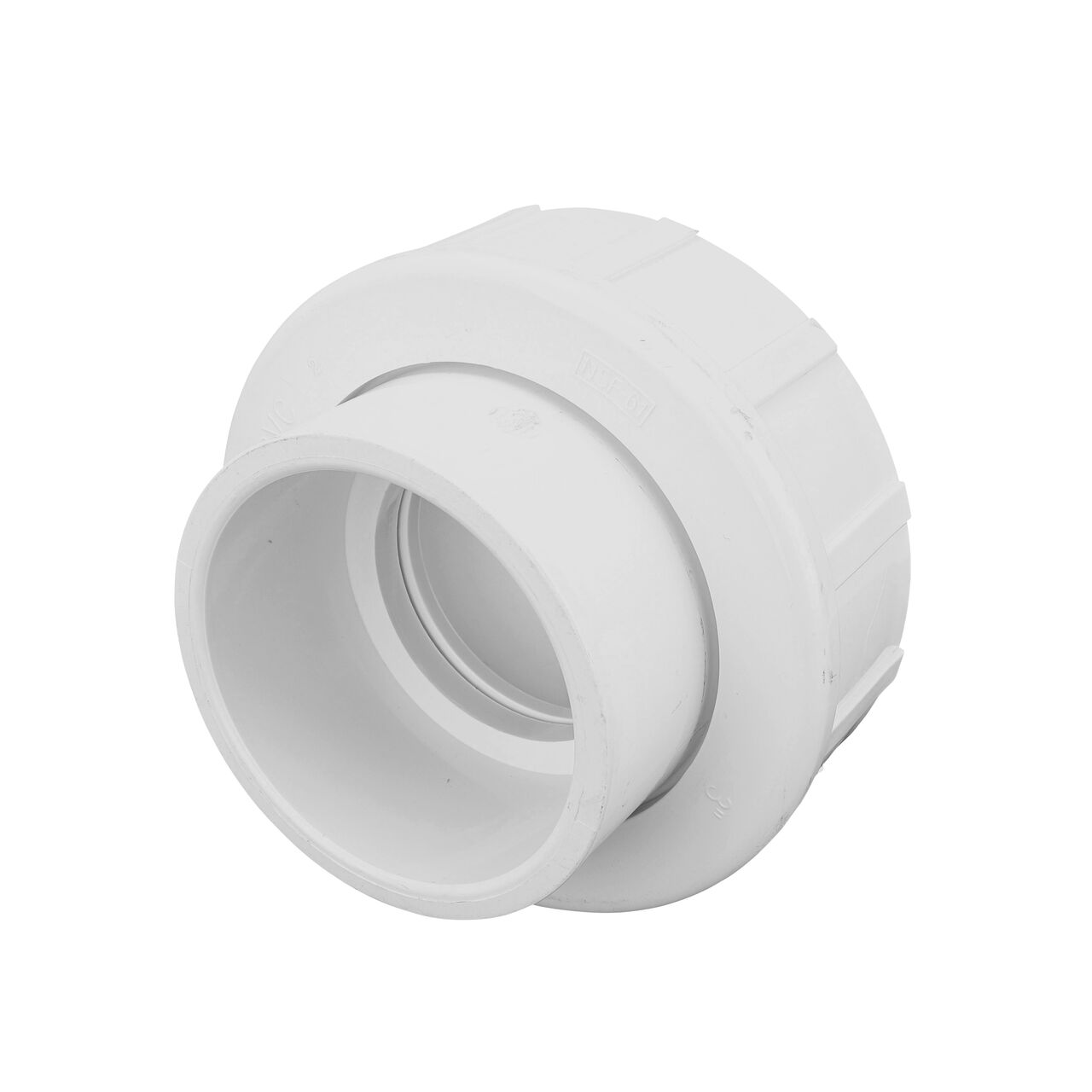 One end of the PVC Union, 3 in. Sch. 40 S X S which connects two 3 in. Sch. 40 pipes together to allow water to flow through while preventing leaks (NDS WU-3000-S)