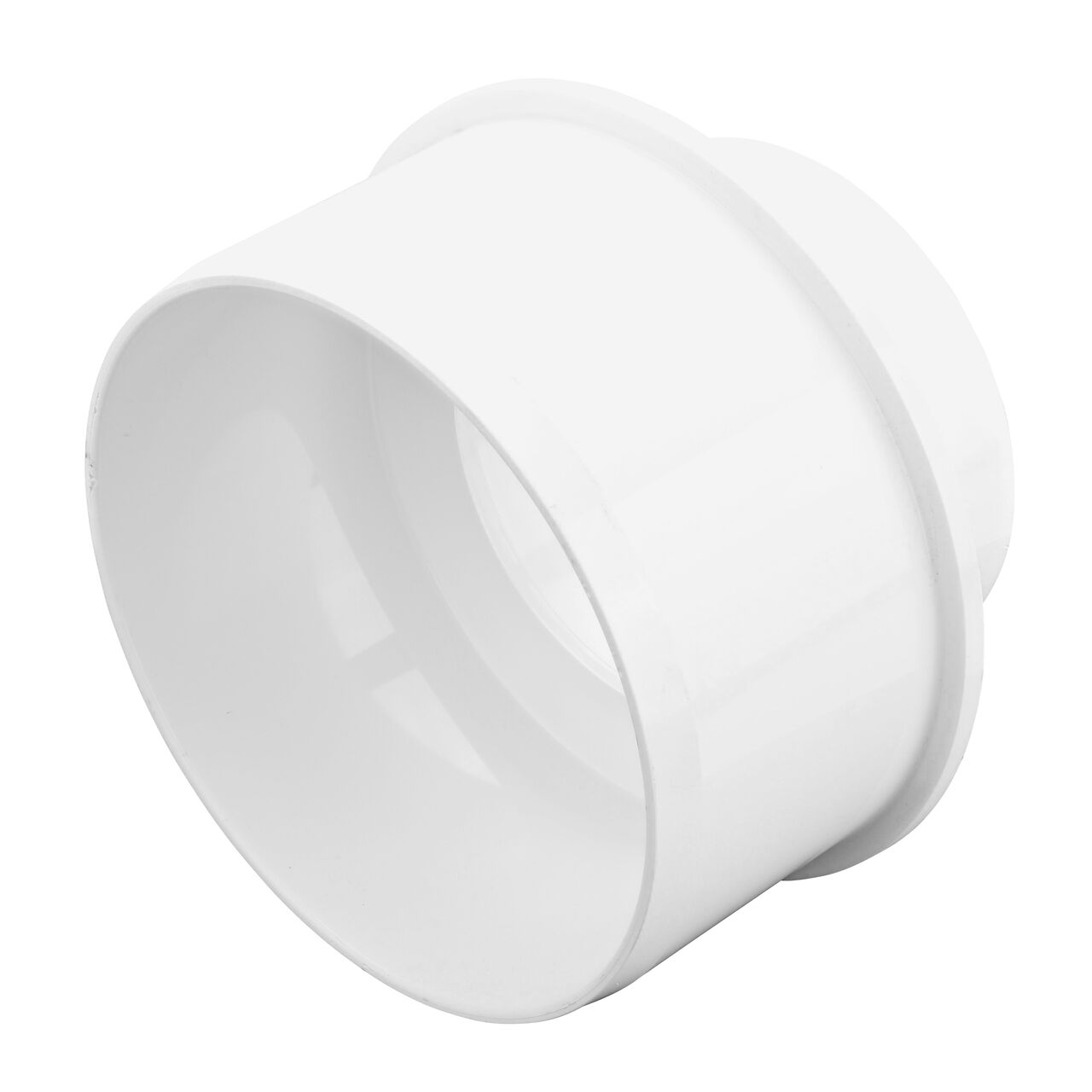 The 6 inch sewer and drain hub connection end of the PVC increaser/reducer bushing which connects to a 4 in. Sewer and Drain Spigot (NDS 6P07S)