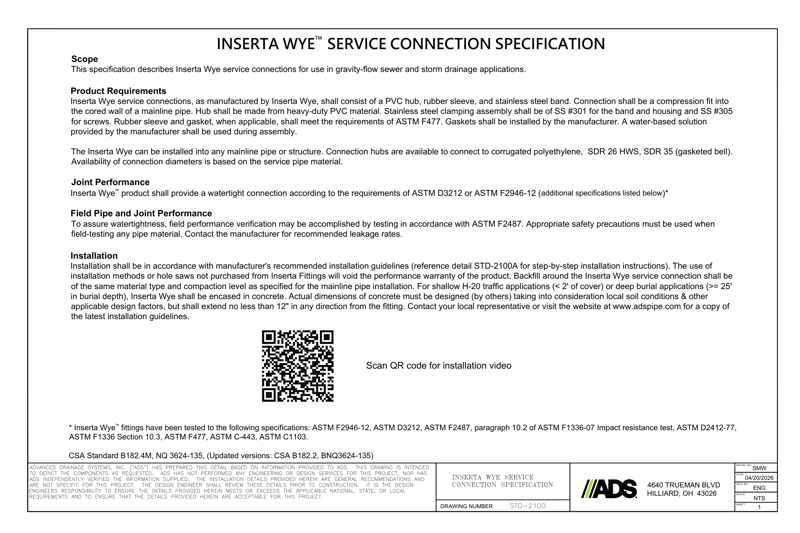 Inserta Wye Service Connection Specification Detail