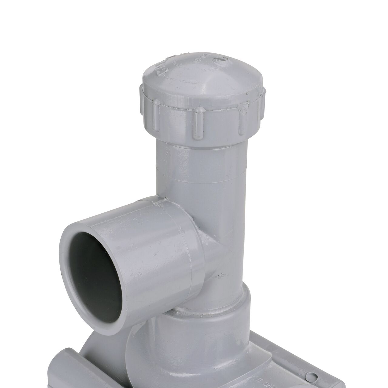 Closeup view of the 1-1/2 in. socket or 2 in. spigot hot/wet tap connection point on the 3 in. NDS Flo-Tap™ Rigid PVC saddle with 1-1/2 in. socket or 2 in. spigot (NDS 3230)