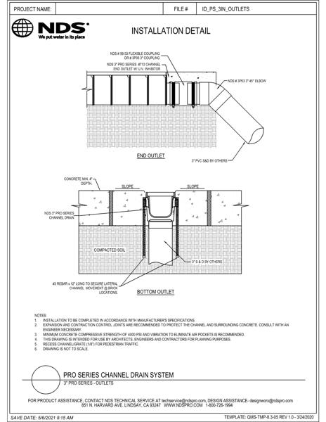 NDS 3 in. Pro Series™ Channel Drains & Grates Outlets Installation Details
