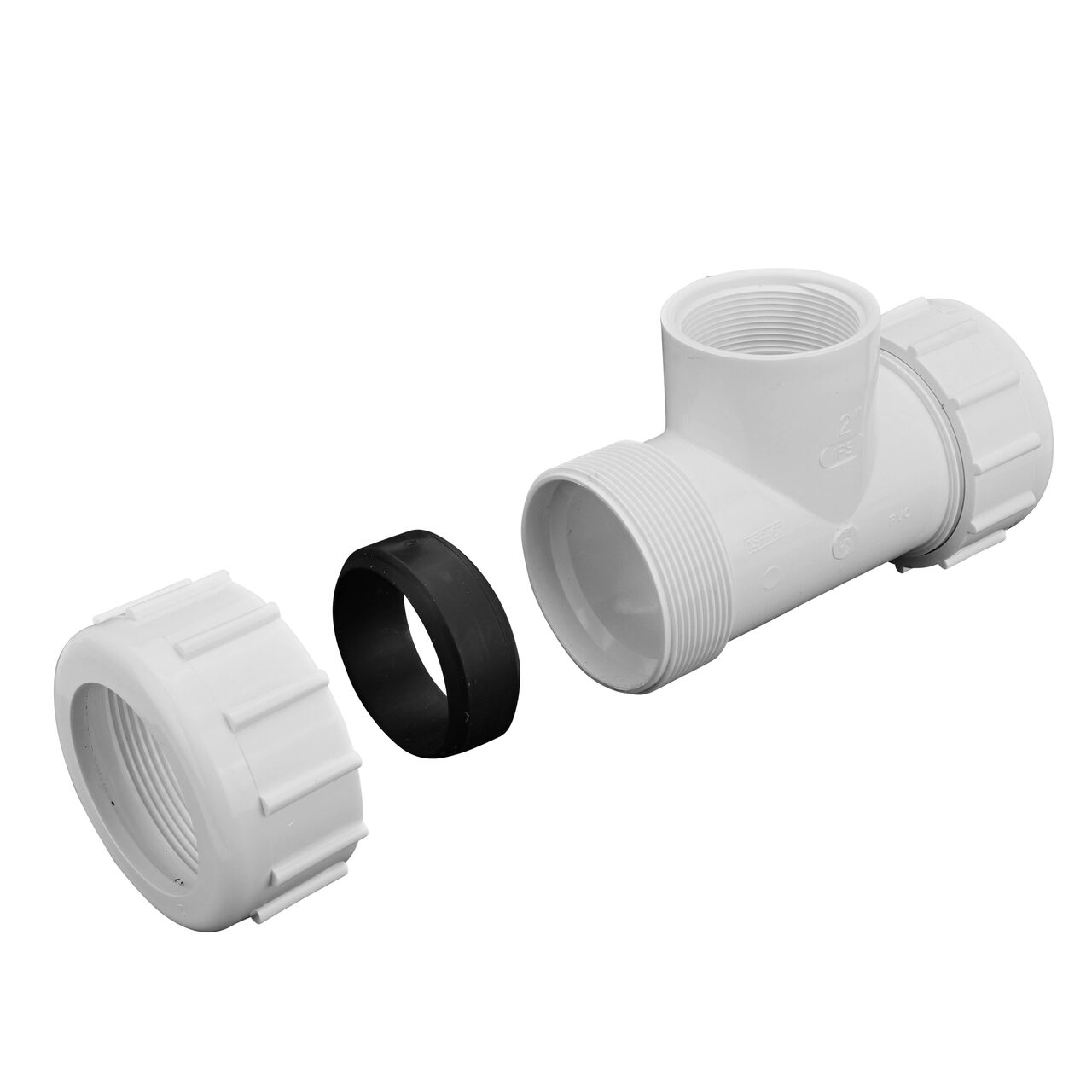 One unassembled end and one assembled end on the PVC Compression Tee, 2 in. IPS UC X 2 in. UC showing the Santoprene gasket and adjustable nut that tightens and secures to pipes providing a leak-resistant connection (NDS-CPT-2000-T)