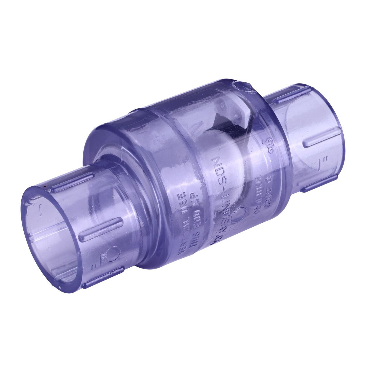 Alternate direction of the NDS Clear 1 in. slip end by slip end PVC Swing Check Valve (NDS 1520C10). Water is conveyed one-way through the valve when the flap opens.
