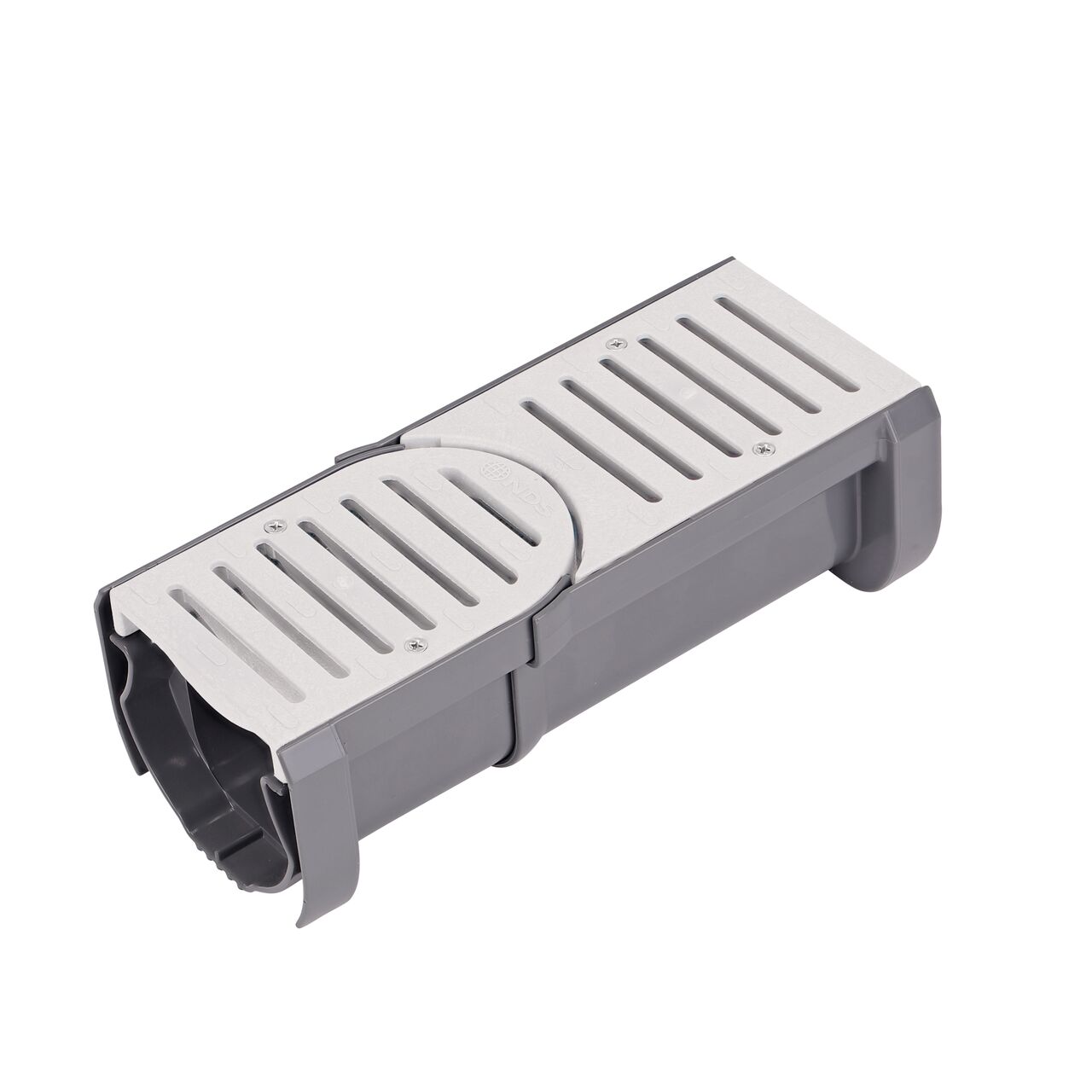 The NDS Spee-D® Contour™ Channel Drain Start & End Kit (NDS 400-ACSE-WH) showing the end piece first where it will connect to the straight Spee-D channel drains (NDS 400, 400-10) with a Spee-D Coupling