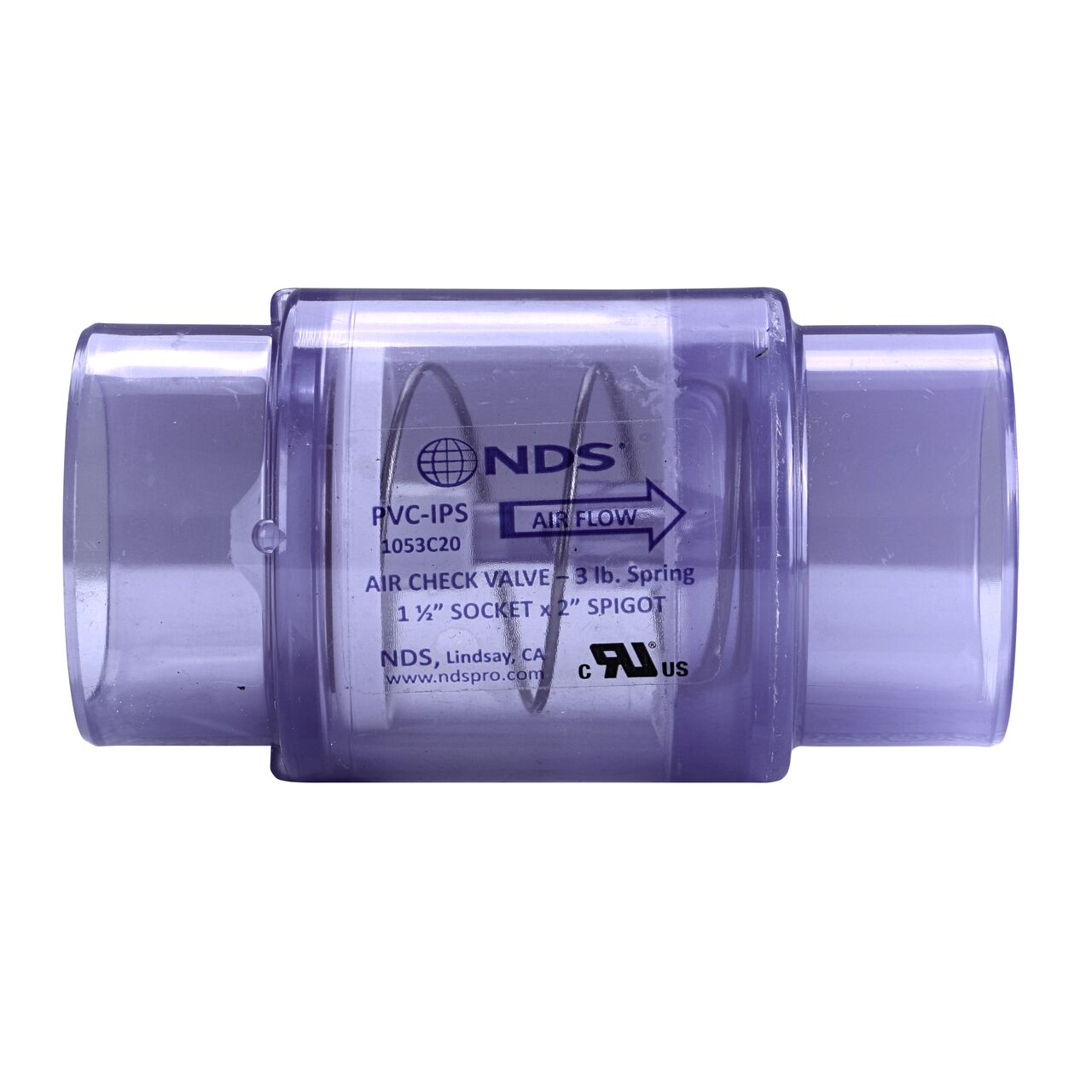Side to side view of the NDS Clear 1-1/2 in. slip end by 2 in. spigot end PVC Air Check Valve (NDS 1053C20)