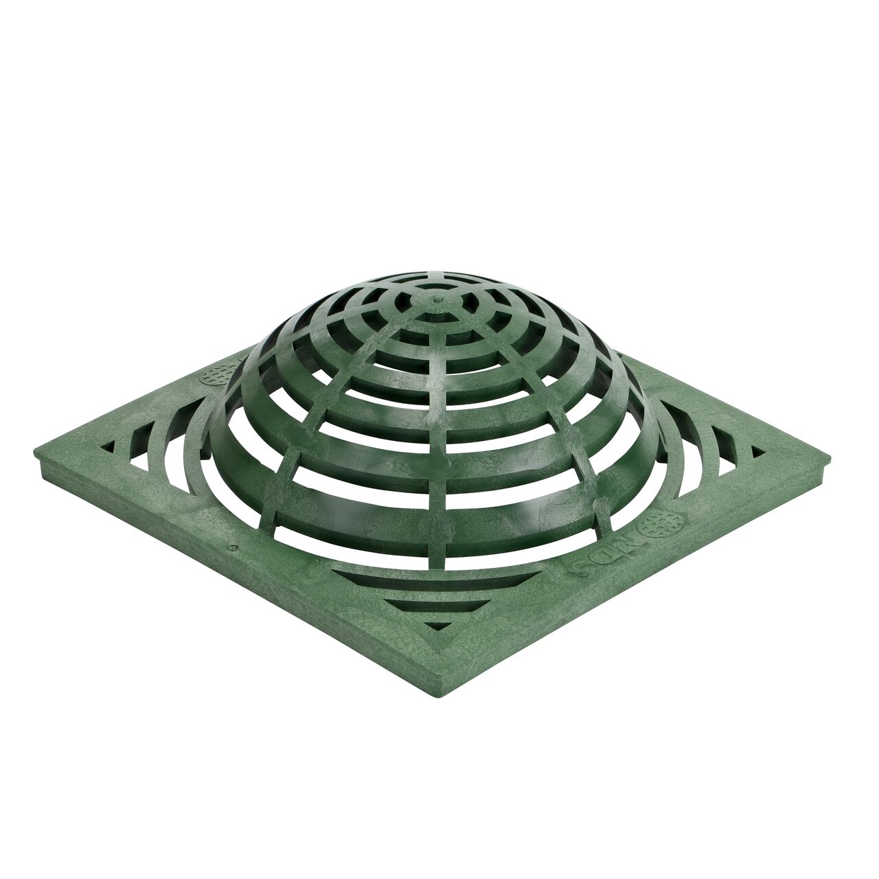 Hero shot of 18 in. Square Atrium Catch Basin Drain Grate, Green Plastic (NDS 1891) which sits on 18 in. catch basin (NDS 1882) and drains water as it blocks pipe-clogging debris