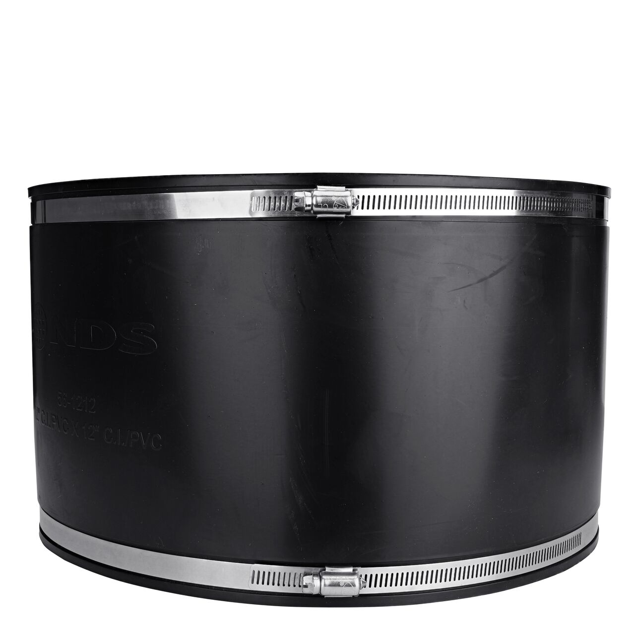 The NDS 12 in. flex coupling, in vertical position, connects two cast iron/sewer and drain or DWV/copper/steel/lead pipes and provides leak-resistant seals with virtually any pipe (NDS 56-1212)