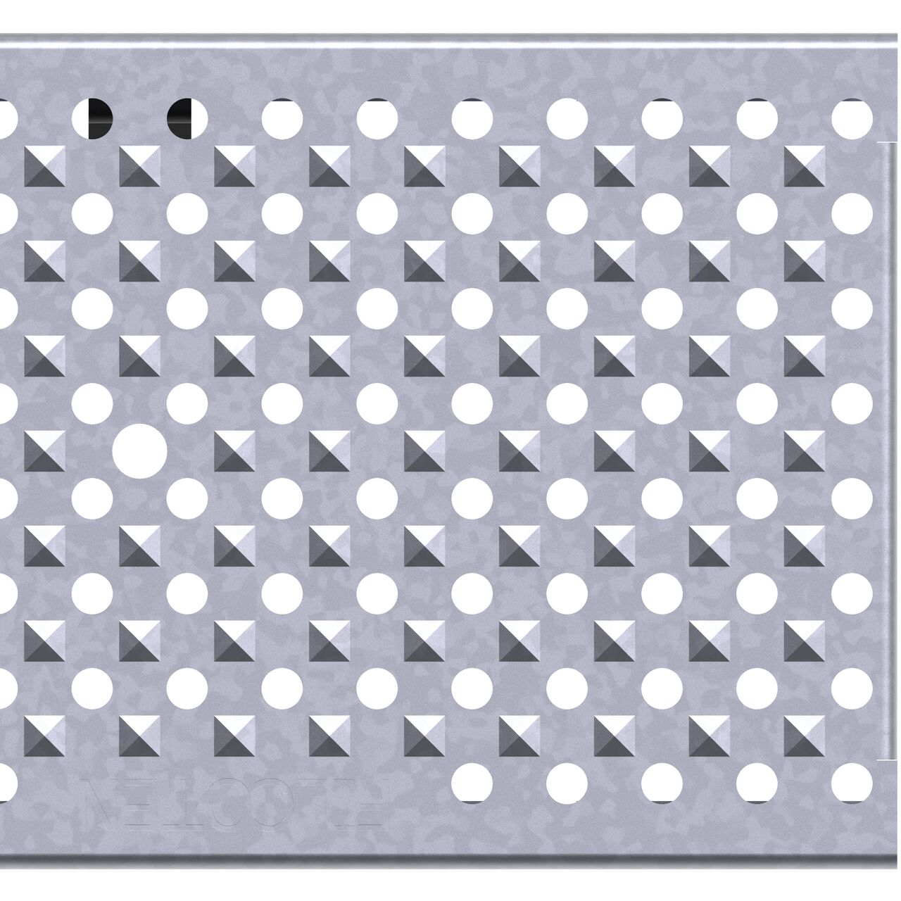 Closeup view of the end of the class C perforated design galvanized steel BG-FILCOTEN® 100 Trench Drain Grate (NDS 17010229) showing the edge and clips that secure to the channel trench drain