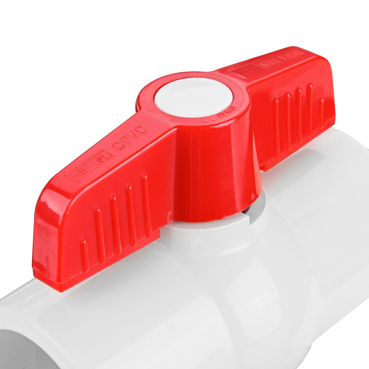 Closeup of the NDS CTS Ball Valve showing the handle that rotates two ways to control water flow (NDS C1310-15)