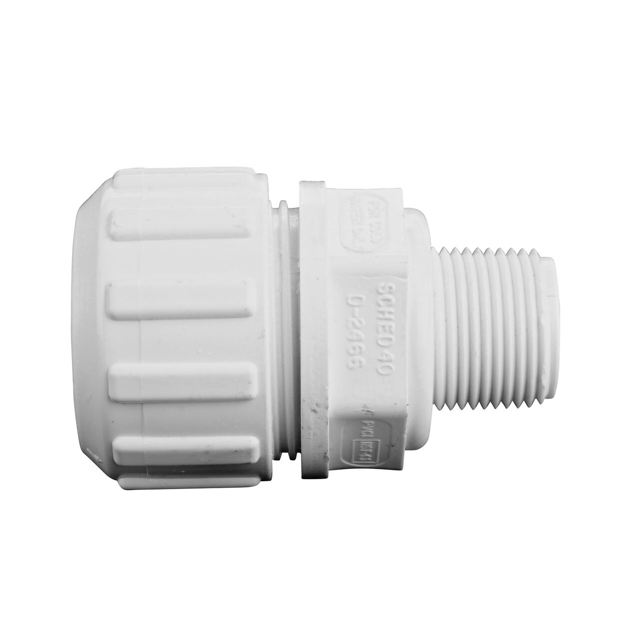 Side View of the NDS 1 in. Flo-Lock Gripper Adapter with CTS MPT (NDS 235-10) which transports water through pipes