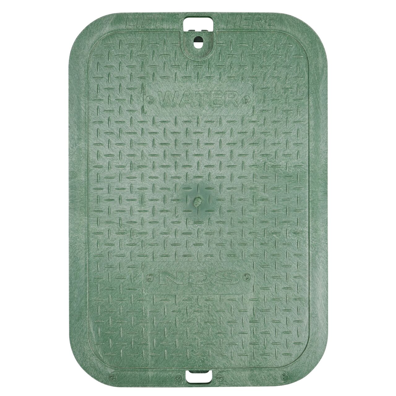 Top down view of the top side of the Green Irrigation Control Valve cover for the NDS 14 x 19 in. Rectangular Standard Series Valve Box (NDS 114BCW) showing the Green Irrigation Control Valve markings
