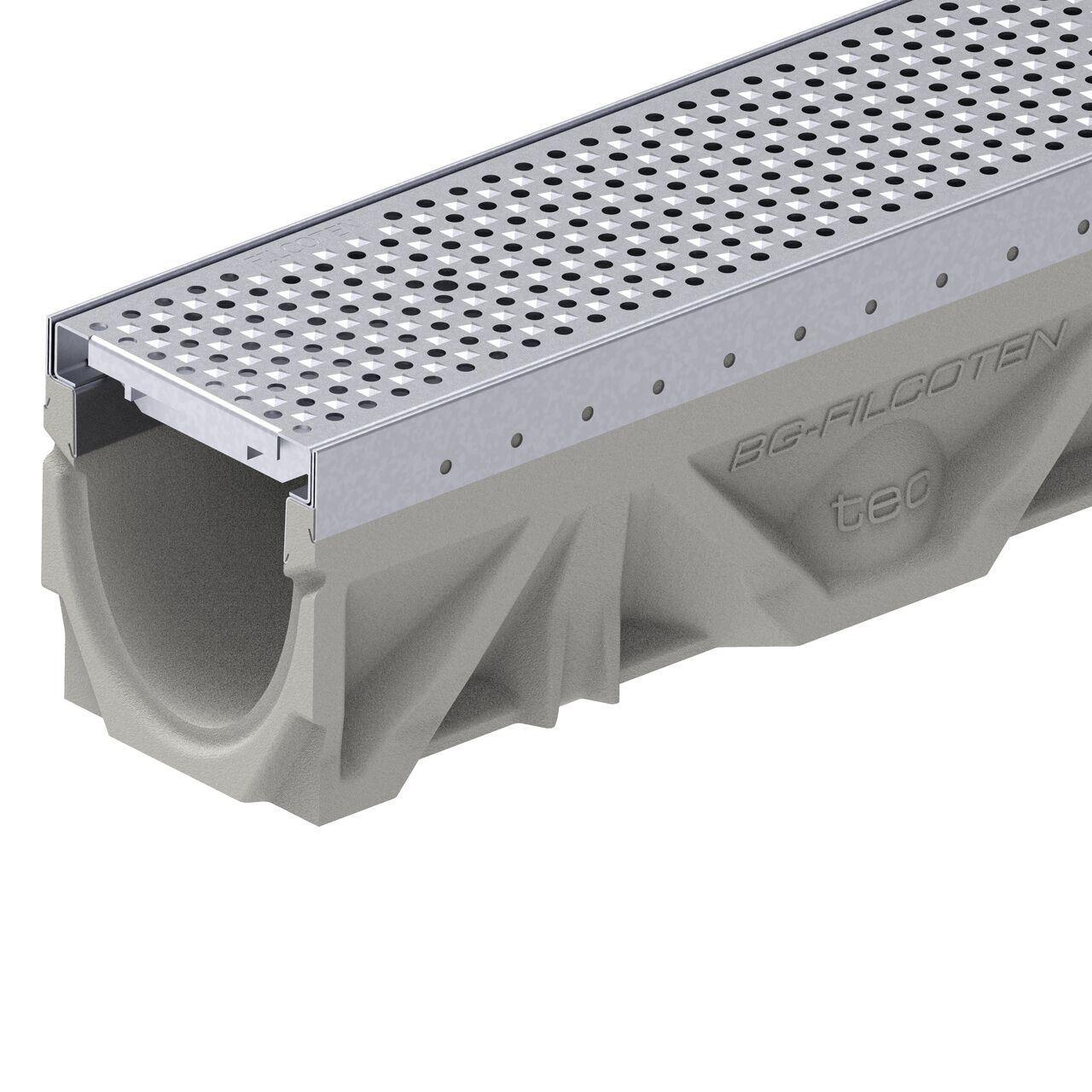 Closeup view of the class C perforated design galvanized steel BG-FILCOTEN® 100 Trench Drain Grate (NDS 17010228) installed on the BG-FILCOTEN® 100 Trench Channel Drain with female end showing