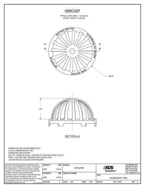 8" Dome Grate Assembly (Drain Basin) Nyloplast Detail