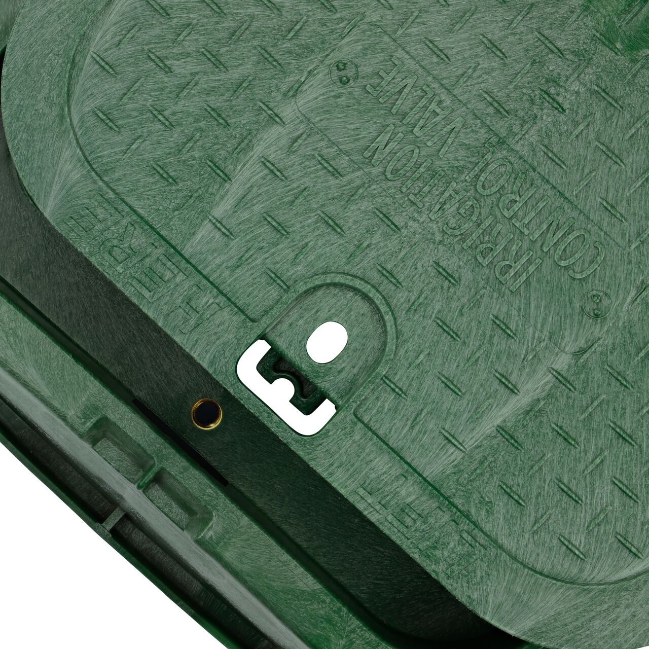 Align the bolt hole on the lid with the bolt hole from the green 14 in. X 19 in. Rectangular Standard Series green Box Tapered Extension and Green Irrigation Control Valve Cover (NDS 116TBC) for a secure fit