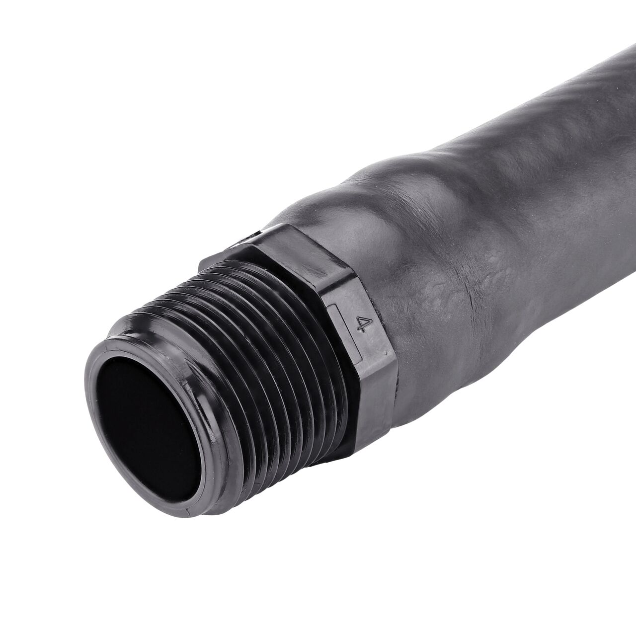 Closeup view of the NDS 3/4 in. Flexible Riser MPT end that threads into FPT connection points on fittings and sprinklers (NDS FR-0750-6)