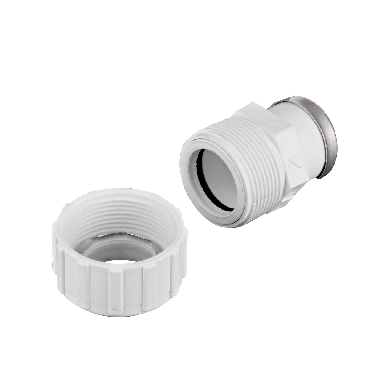 Unassembled NDS 1 in. FPT Flo-Lock™ Gripper Adapter showing where the two ends come apart to secure the adapter to the pipe (NDS 136-10)