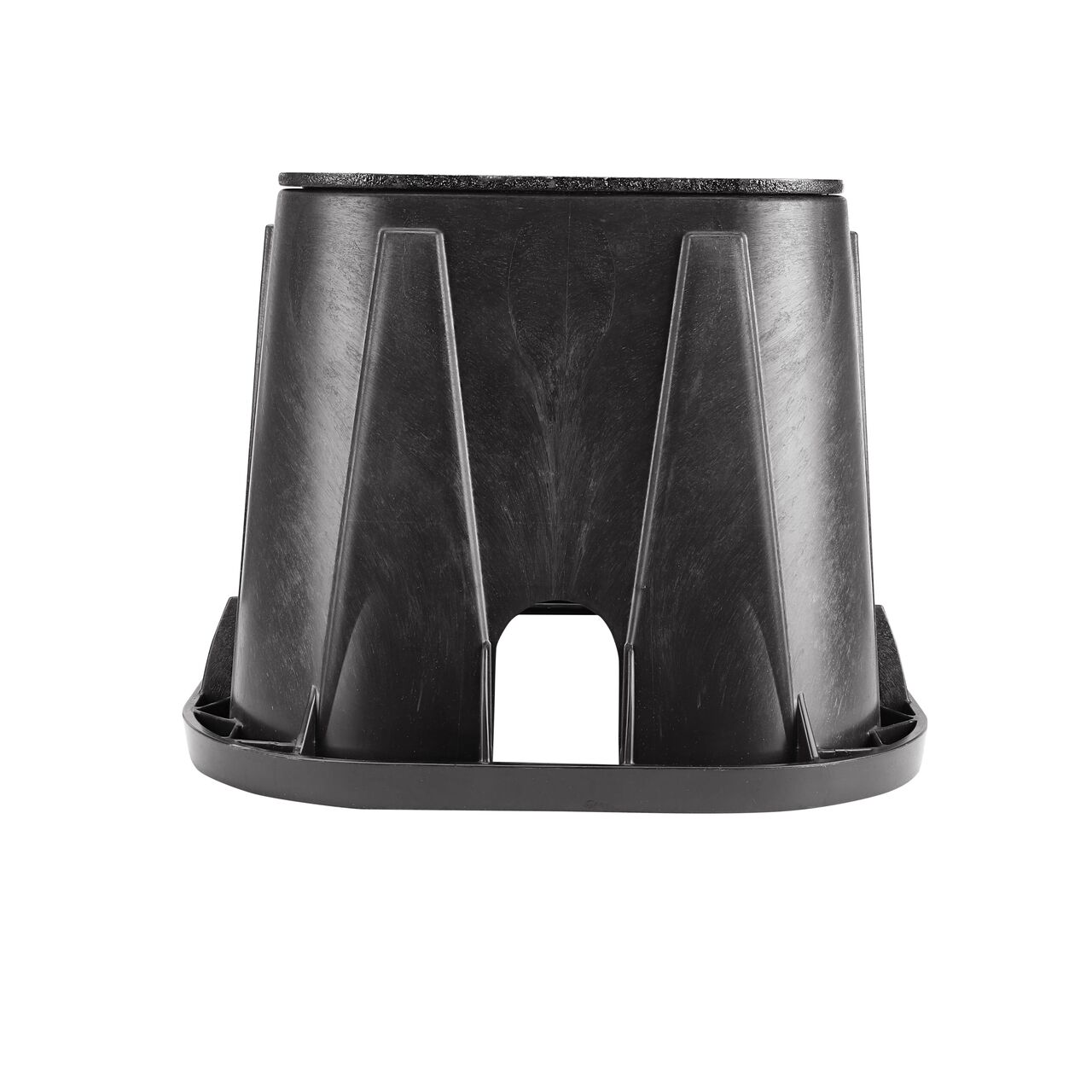 Side view of the shorter width side of the NDS 14 in. X 19  in. Rectangular Standard Series Meter Box & Cast Iron Water Meter Cover (NDS D1200-CI) which is a rugged enclosure for water and irrigation pipe connections