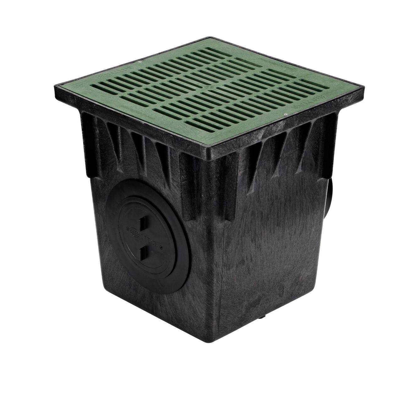 Plastic 18 in. Catch Basin Drain Kit (NDS 1882GRKIT) with a green grate (NDS 1812), adapters (NDS 1888) that connects to 8 in. drainage pipes, and plug (NDS 1206)
