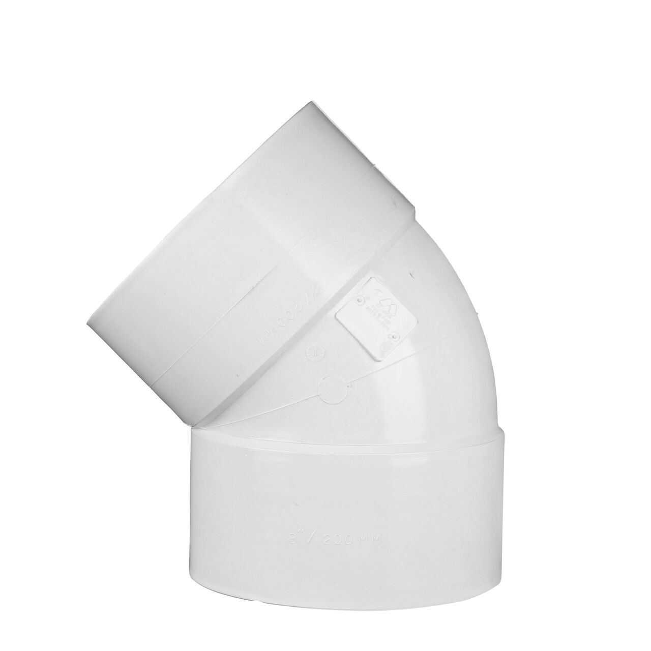 Side view of the PVC 45° elbow, which connects 8 in. Sewer and Drain pipes, Hub X Hub connection (NDS 8P03)