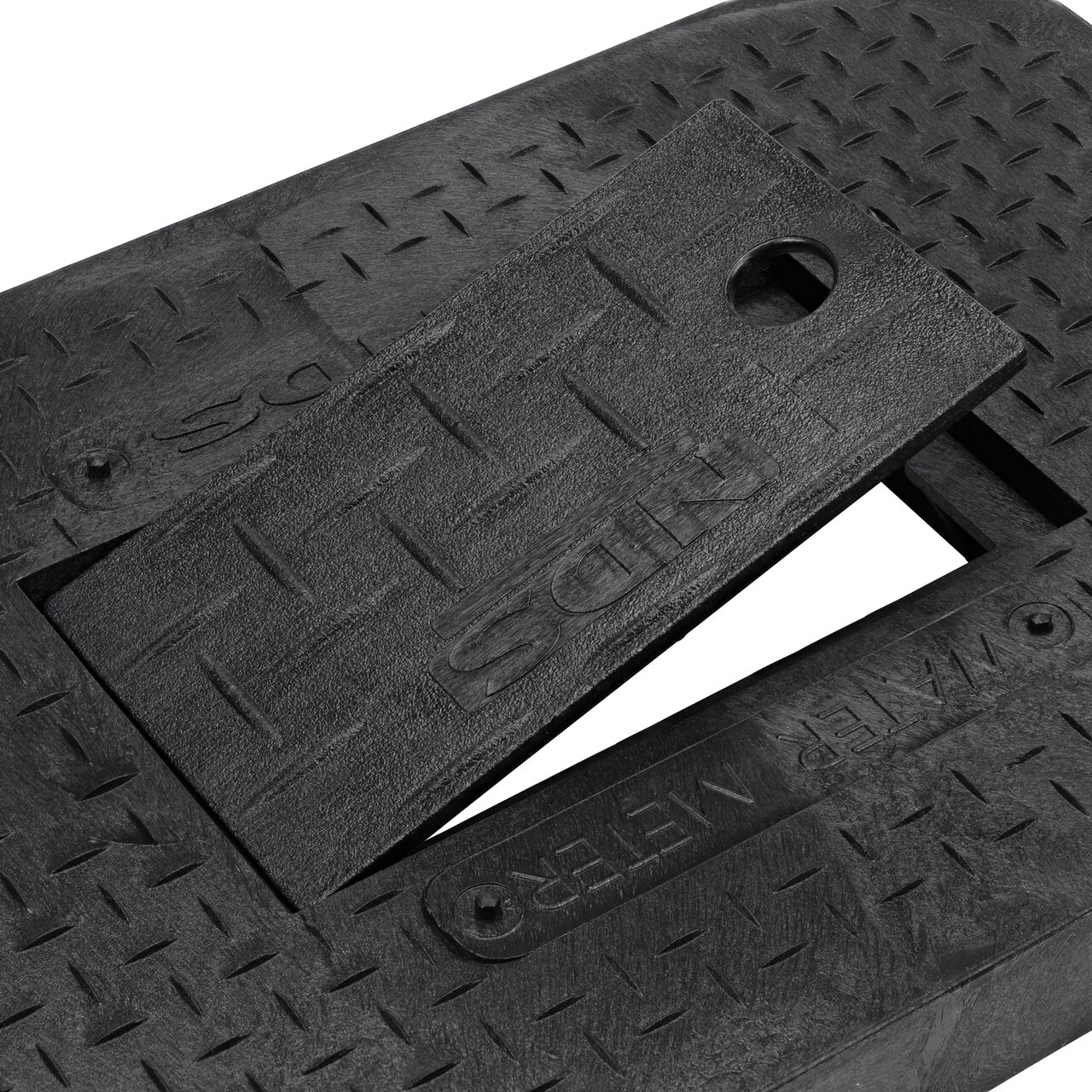 Close up view of the hinged side of the Plastic reader door on the Water Meter Black Drop-in 14 in. X 19 in. Rectangular Standard Series Meter Cover which allows for easy meter reading (NDS D1200-DIRBL)