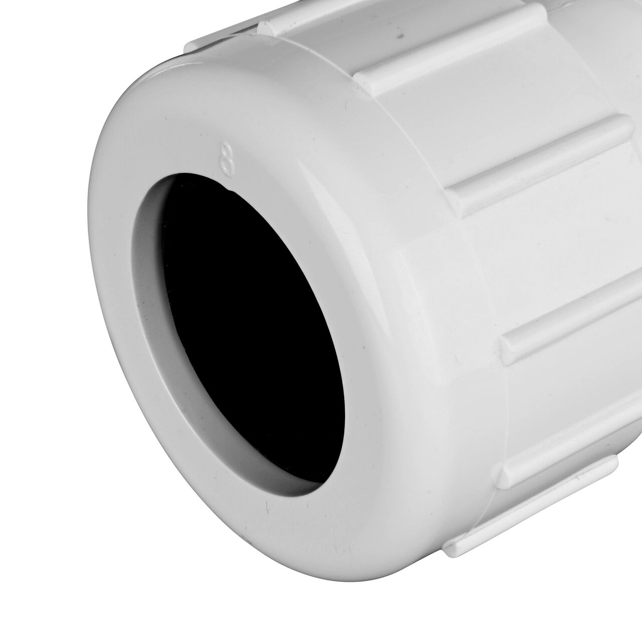 Closeup view of the NDS PVC Threaded Tees showing the compression end with 1 in. adjustable nuts that secured in place which reduces pull-out from pipe (NDS CPT-1000-T)