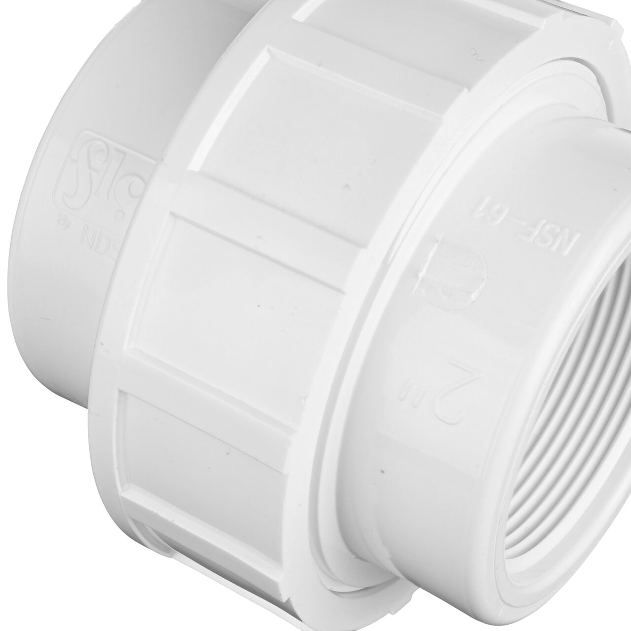 Close up view of the PVC Union, 2 in. Sch. 40 FPT X FPT showing NDS brand a leader in flow management solutions and the preferred choice of professionals since 1972 mark (NDS WU-2000-T)
