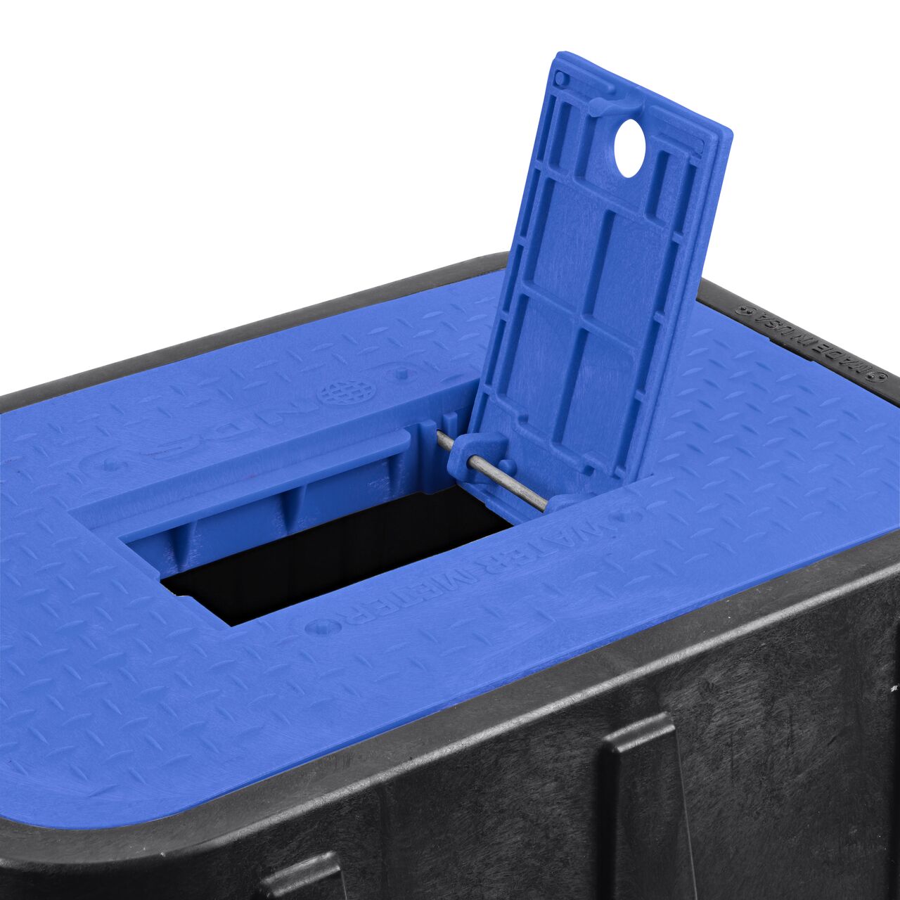 Closeup view of the Plastic reader door opened on the NDS 14 in. X 19 in. Rectangular Standard Series Meter Box & Water Meter Cover (NDS D1200-DIBLRD) to show how reader provides easy access to meter readers