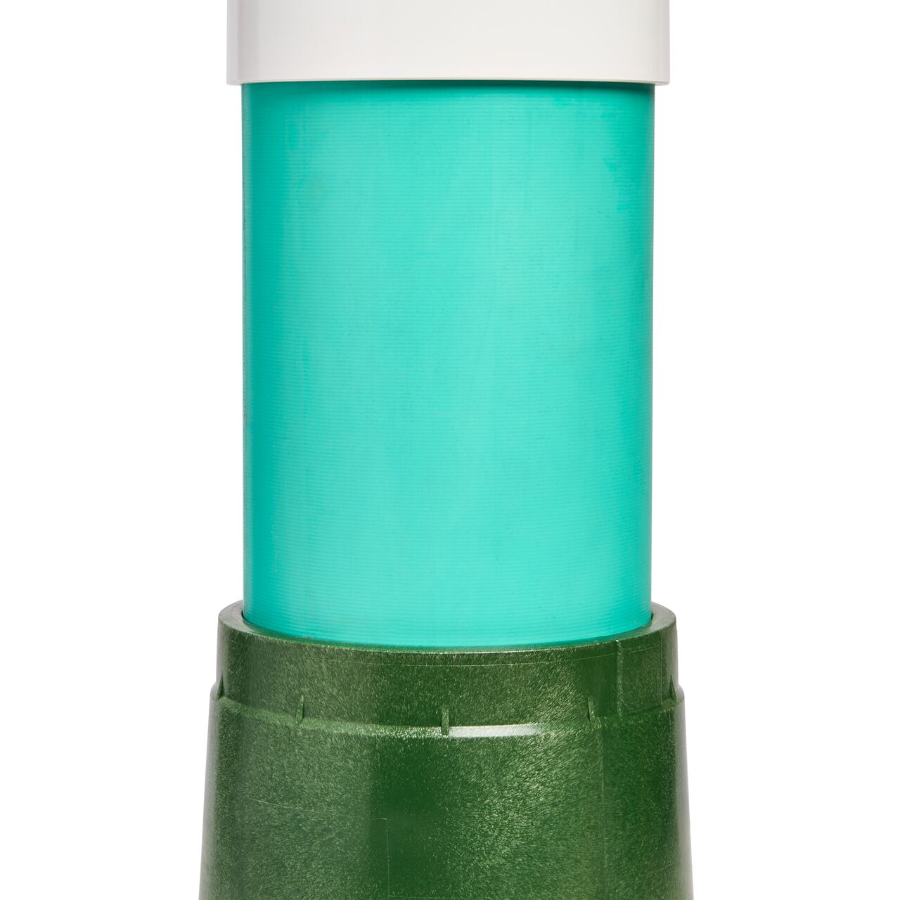 Side view of the a 6 inch SDR-35 sewer & drain pipe inserted in the top of the Green plastic 6 in. Round Standard Series Valve Box (NDS 2108B) with a 6 inch NDS coupler (NDS 6P05) on top to extends the basin intake to the surface level