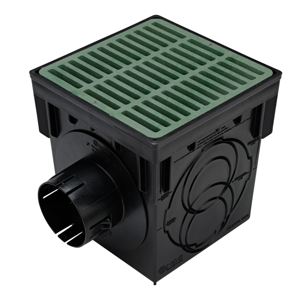 Black plastic 9 in. Catch Basin Drain Kit with green grate (NDS 900GRKIT) drains water as it blocks pipe-clogging debris