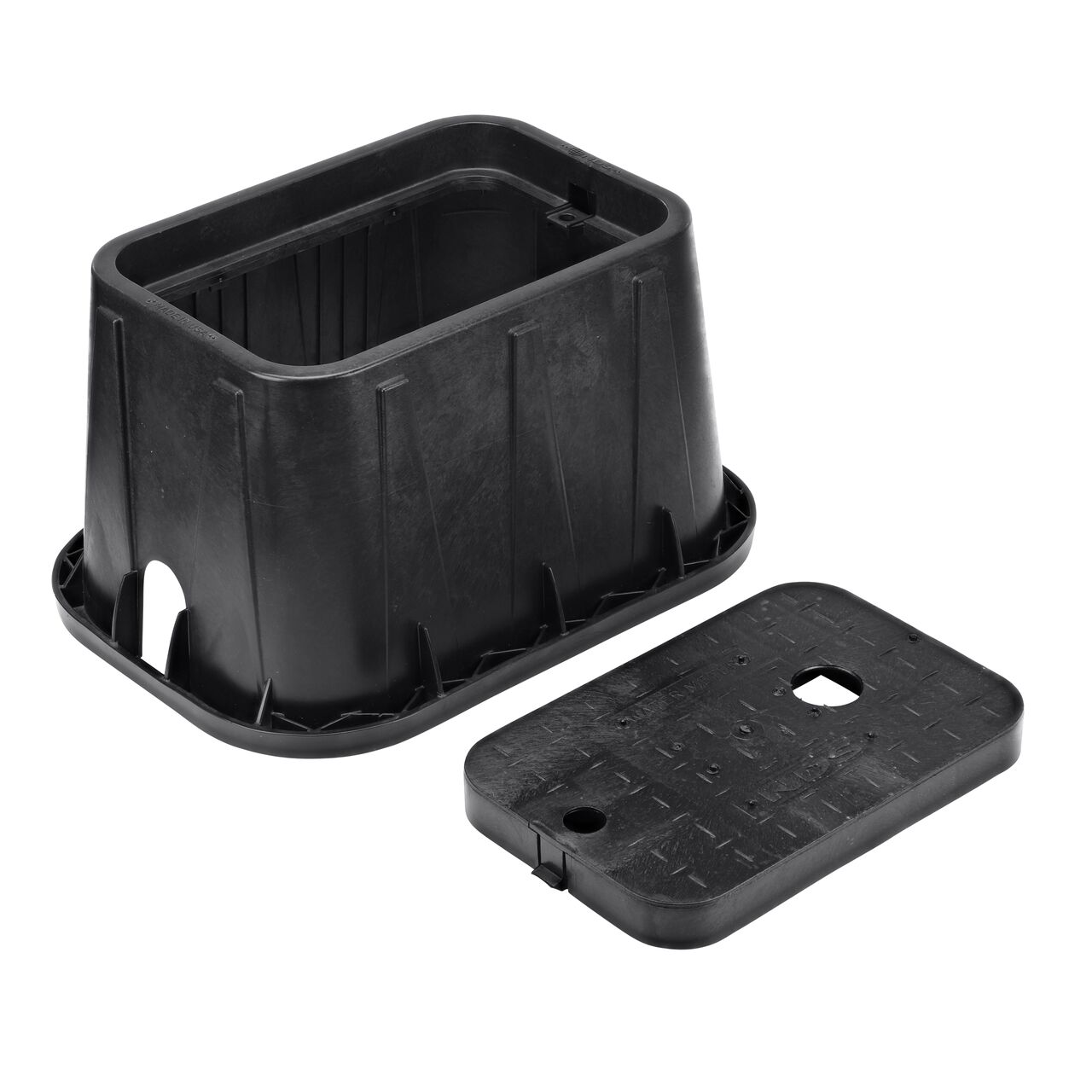 Unassembled View of the NDS 14 in. X 19 in. Rectangular Standard Series meter box with universal locking mechanism enabling a variety of bolts and screws to be used to secure the covers, and Black Water Meter Drop-in lid cover (NDS D1200-DITR) with 2 in. touch reader hole
