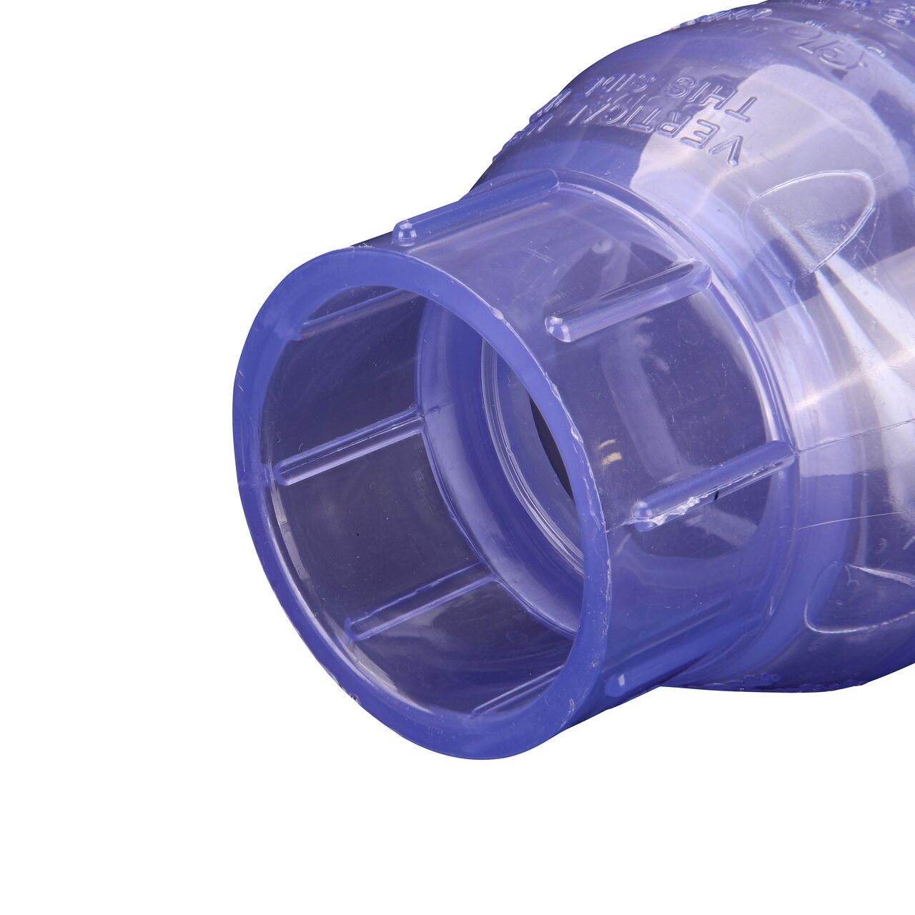 Closeup of the outlet end of the NDS Clear 1-1/2 in. slip end by slip end PVC Swing Check Valve (NDS 1520C15) which prevents backflow in pipelines