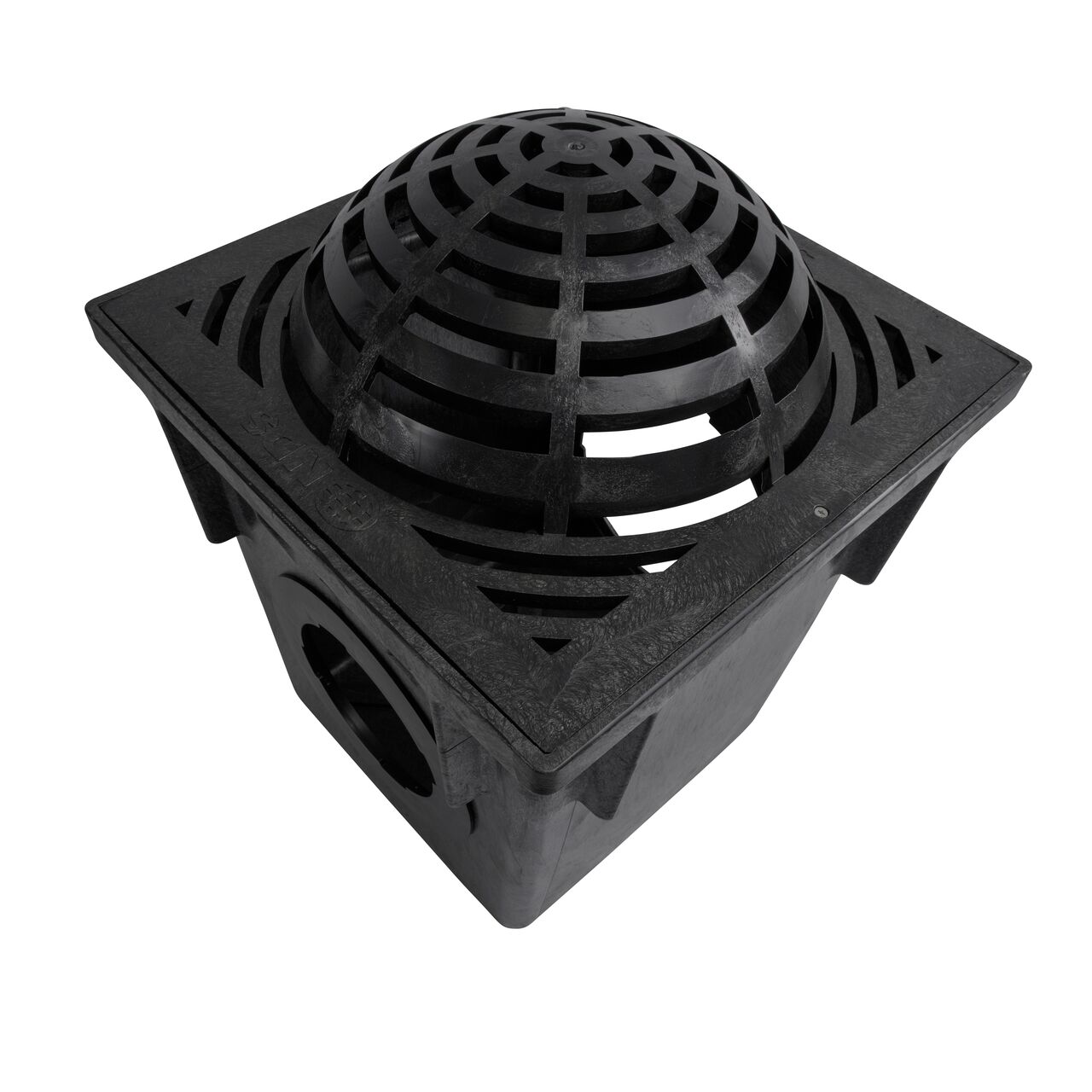 Top down view of the NDS 18 in. Square Atrium Catch Basin Drain Grate, Black Plastic (NDS 1881) installed on a NDS 18 in. Square Catch Basin (NDS 1882)