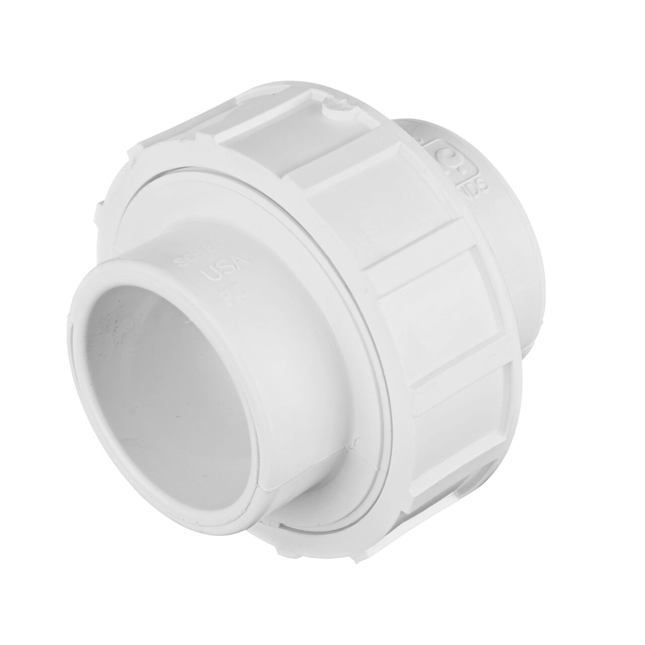 One end of the PVC Union, 1-1/2 in. Sch. 40 S X S which connects two 1-1/2 in. Sch. 40 pipes together to allow water to flow through while preventing leaks (NDS WU-1500-S)