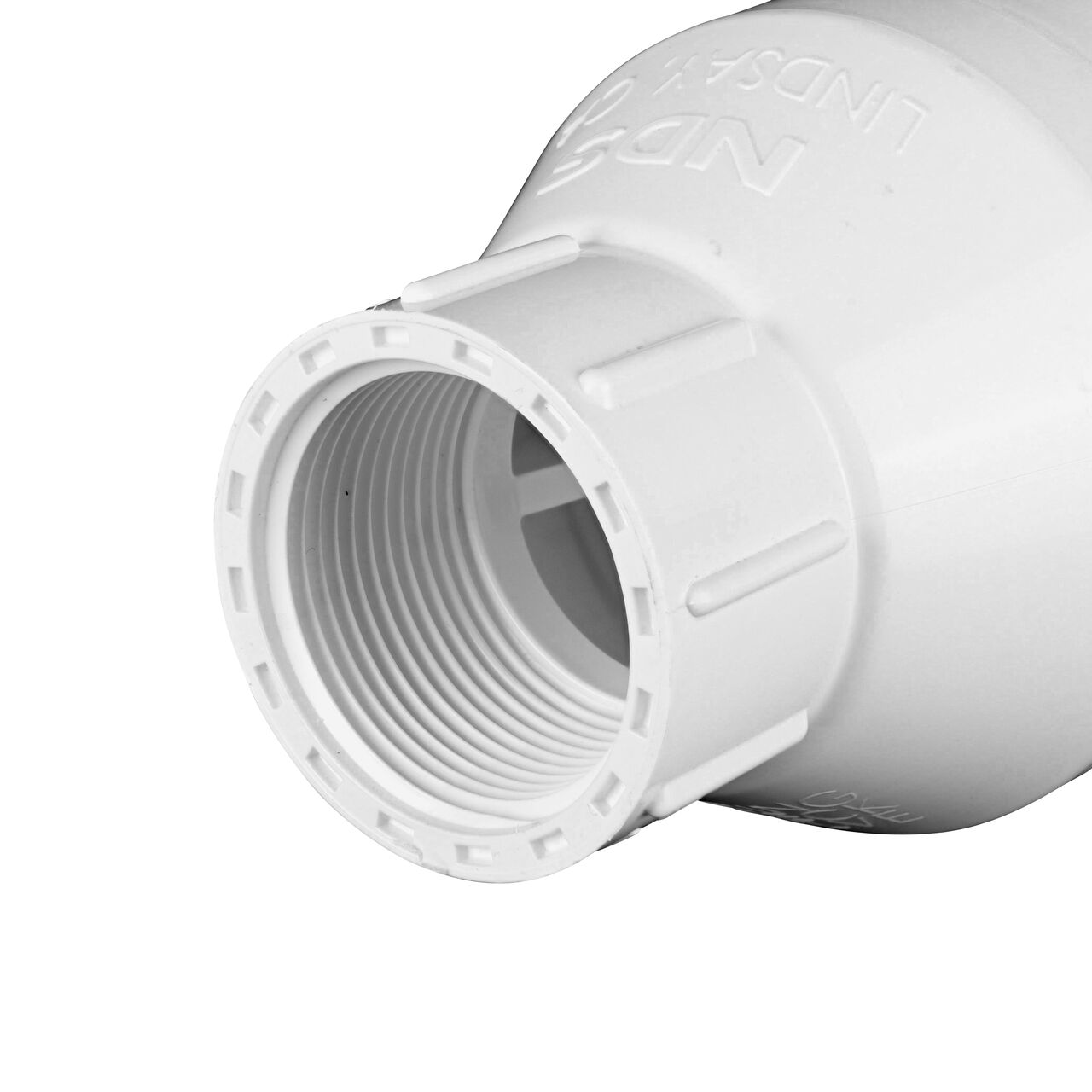 Closeup of the threaded end of the NDS 1-1/4 in. White PVC Spring Check Valve (NDS 1001-12, NDS 1002-12)
