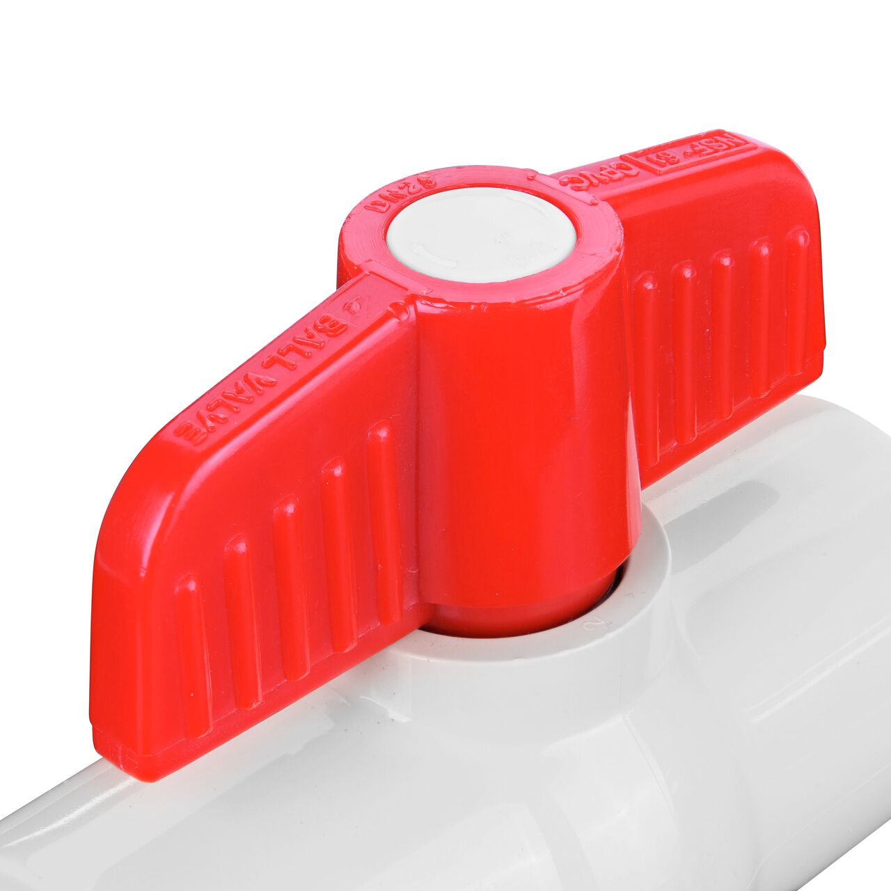 Closeup of the NDS CTS Ball Valve showing the handle that rotates two ways to control water flow (NDS C1310-10)