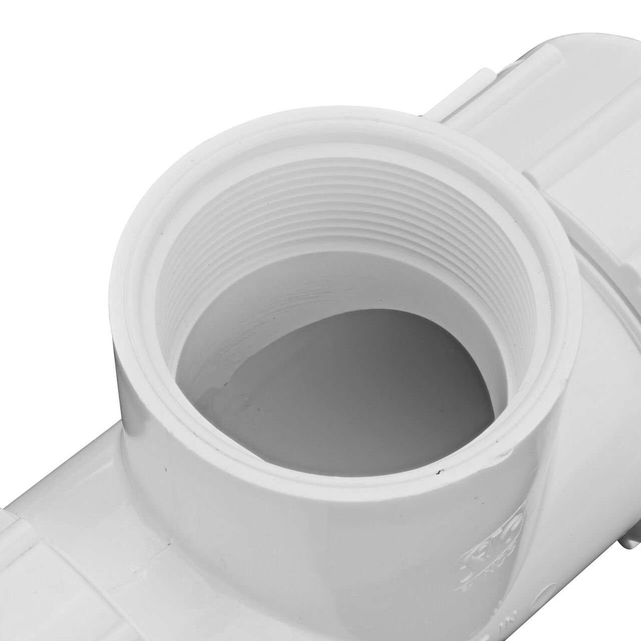 Closeup view of the NDS 2 in. IPS UC X FPT Compression Tee showing the FPT threaded end that connects to MPT pipe and adds a "T" intersection to create a lateral branch in your flow system (NDS CPT-2000-T)