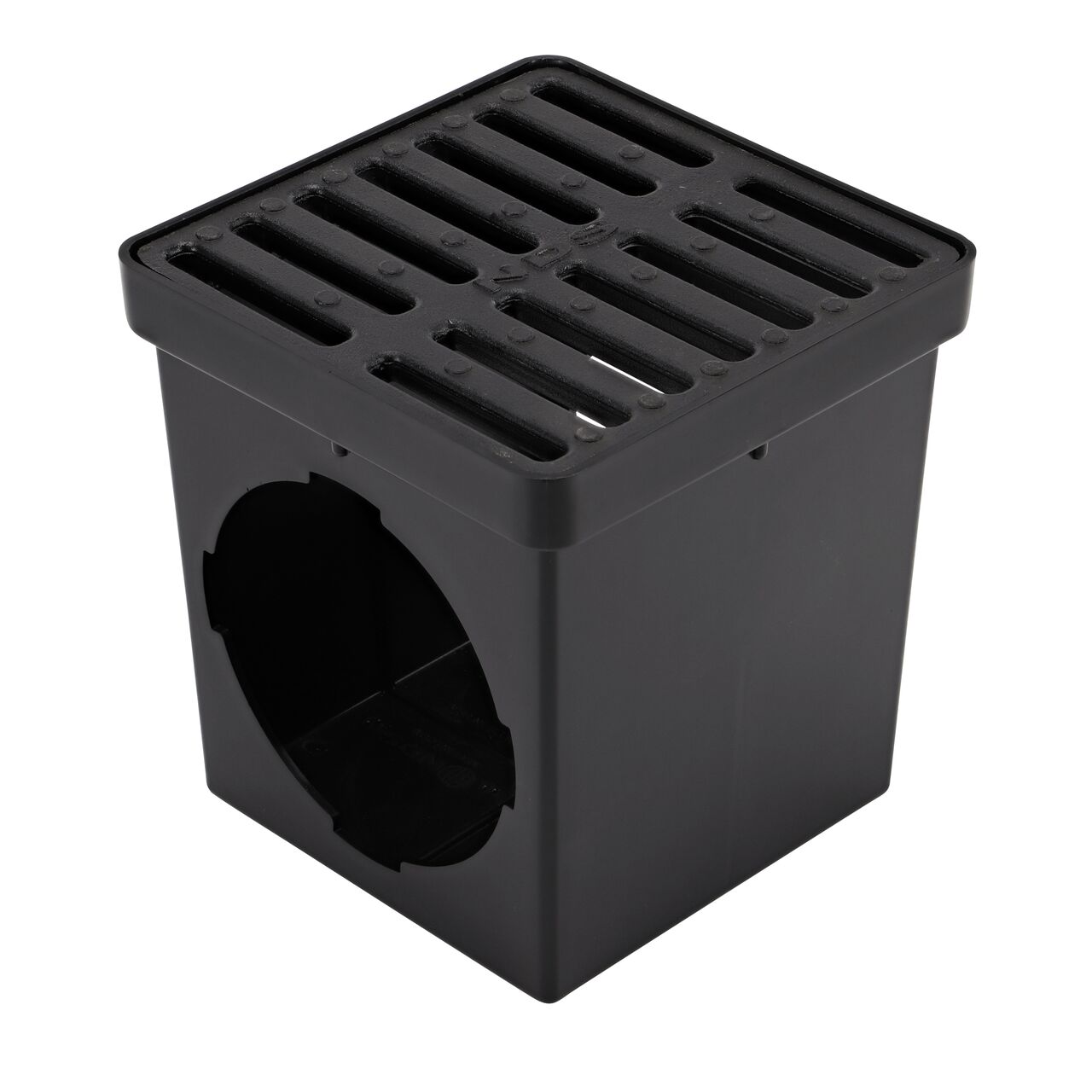 9 in. Ductile Iron Metal Grate (NDS 913) installed on a black plastic 9 in. Catch Basin Drain with 2 Openings (NDS 900*); retail