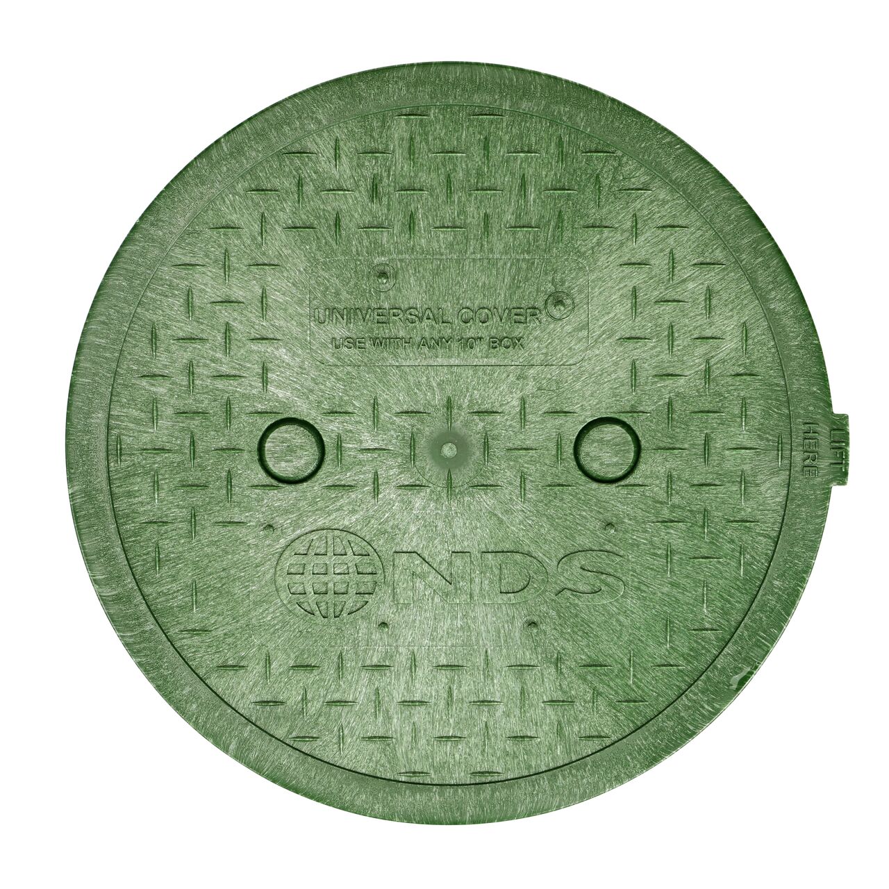 Top-down view of 10 in. Round SureFit Universal Lid; lift tab for removal; fingers holes can be knocked out (NDS 10RND-UC)