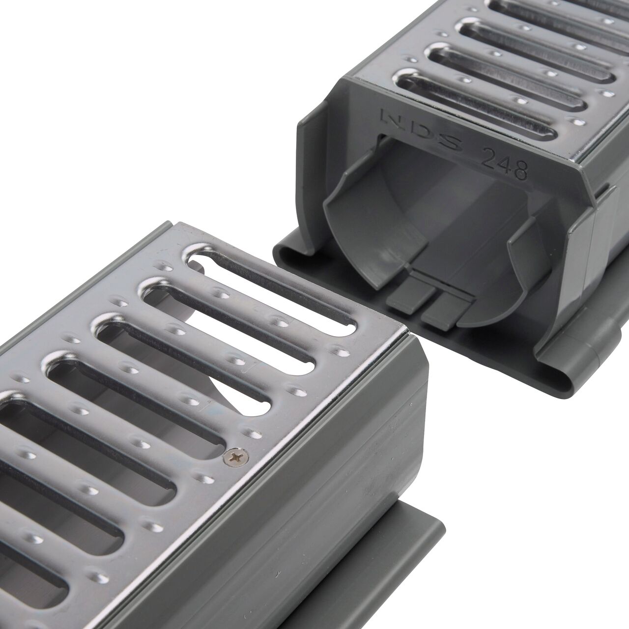 NDS Spee-D® Channel Drain Coupling (NDS 248*, NDS 248) securely connects two Spee-D® Channel Drain Assembly with Prefastened Galv. Steel Grates (NDS 400-10MTL)